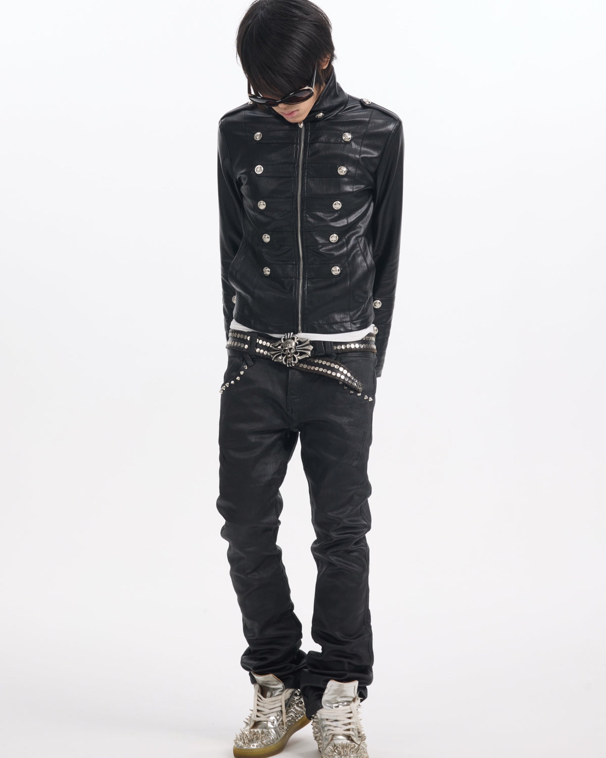 Military Button Faux Leather Jacket by NUMBASIA, on a model