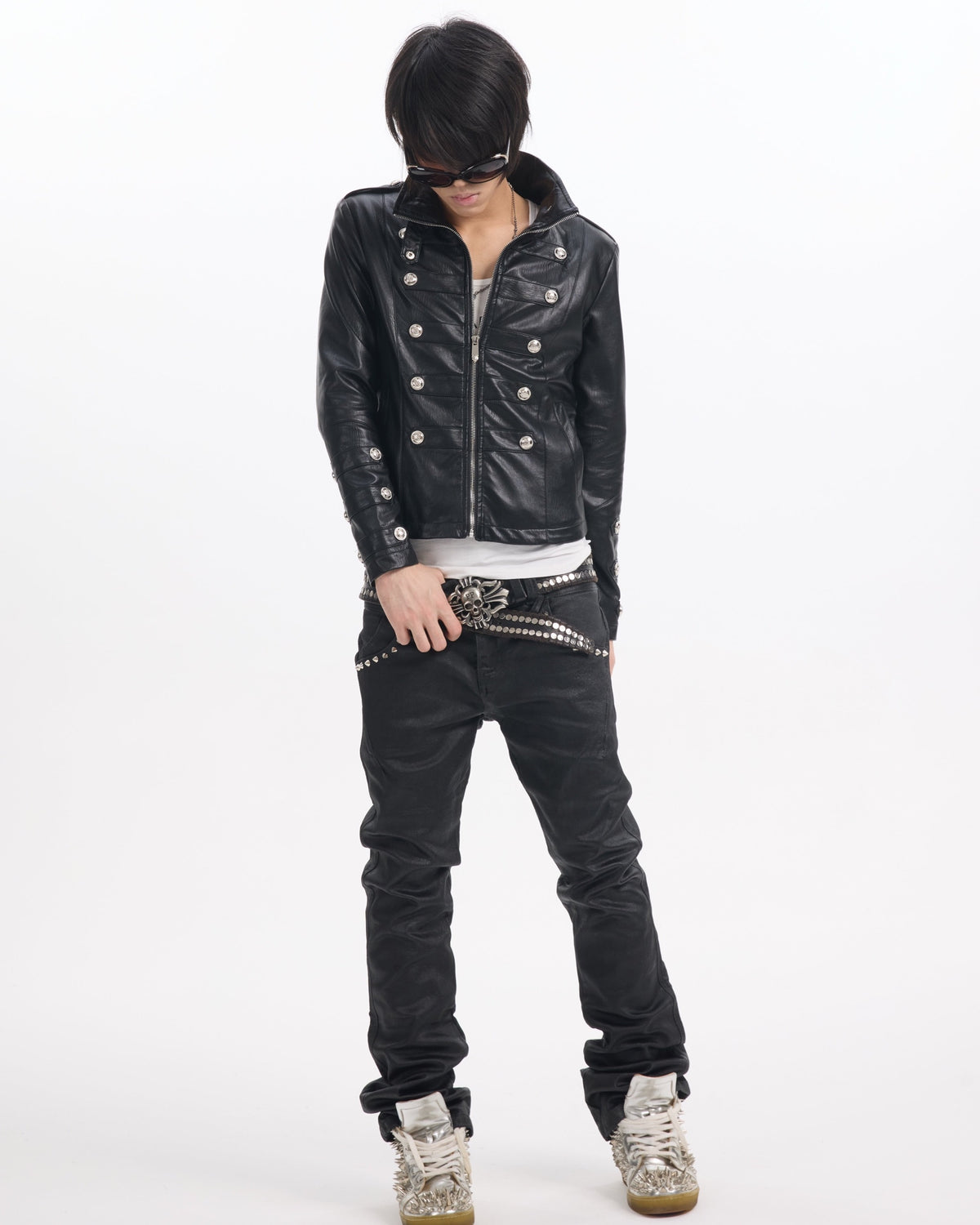 Military Button Faux Leather Jacket by NUMBASIA, on a model