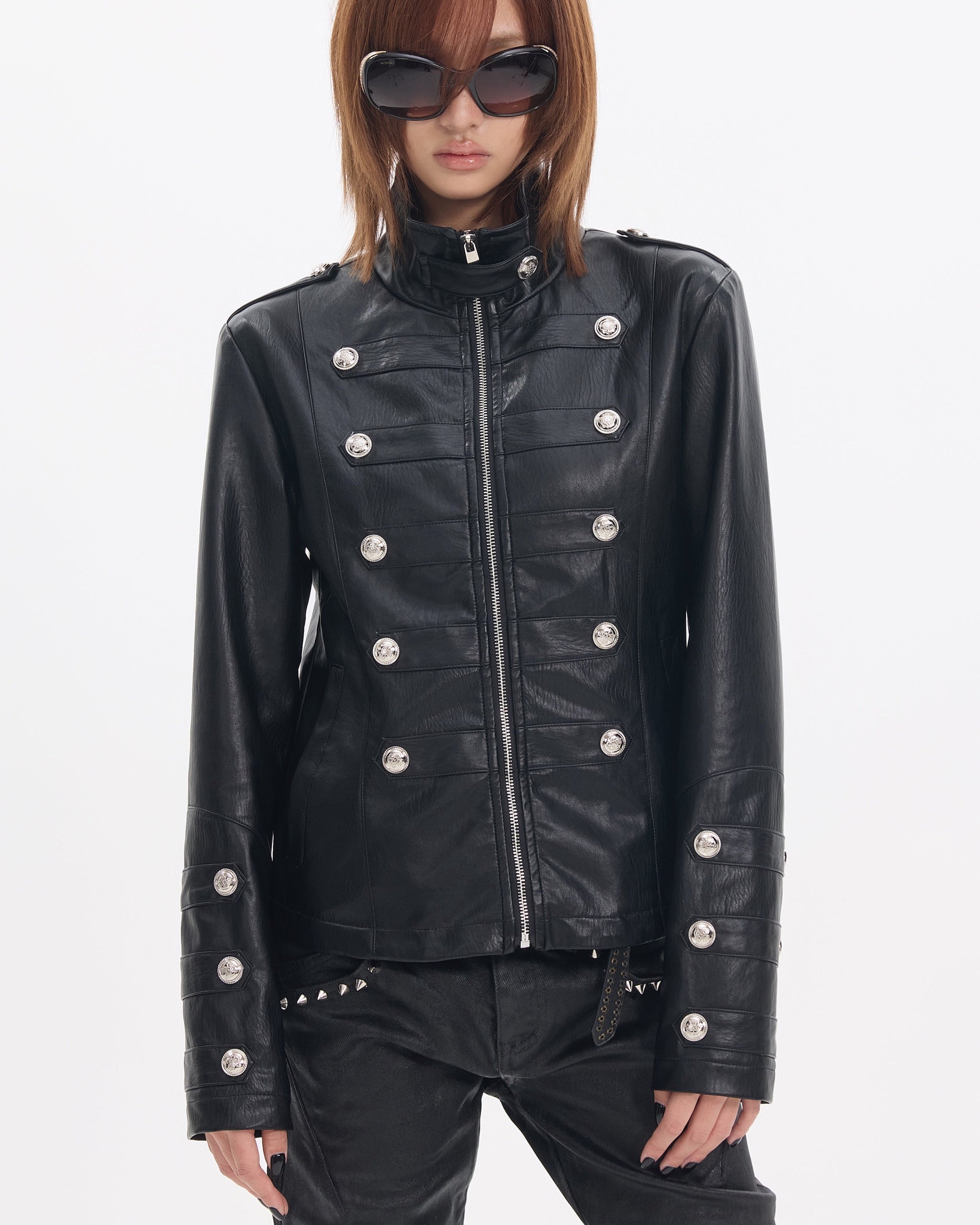 Military Button Faux Leather Jacket by NUMBASIA, on a model