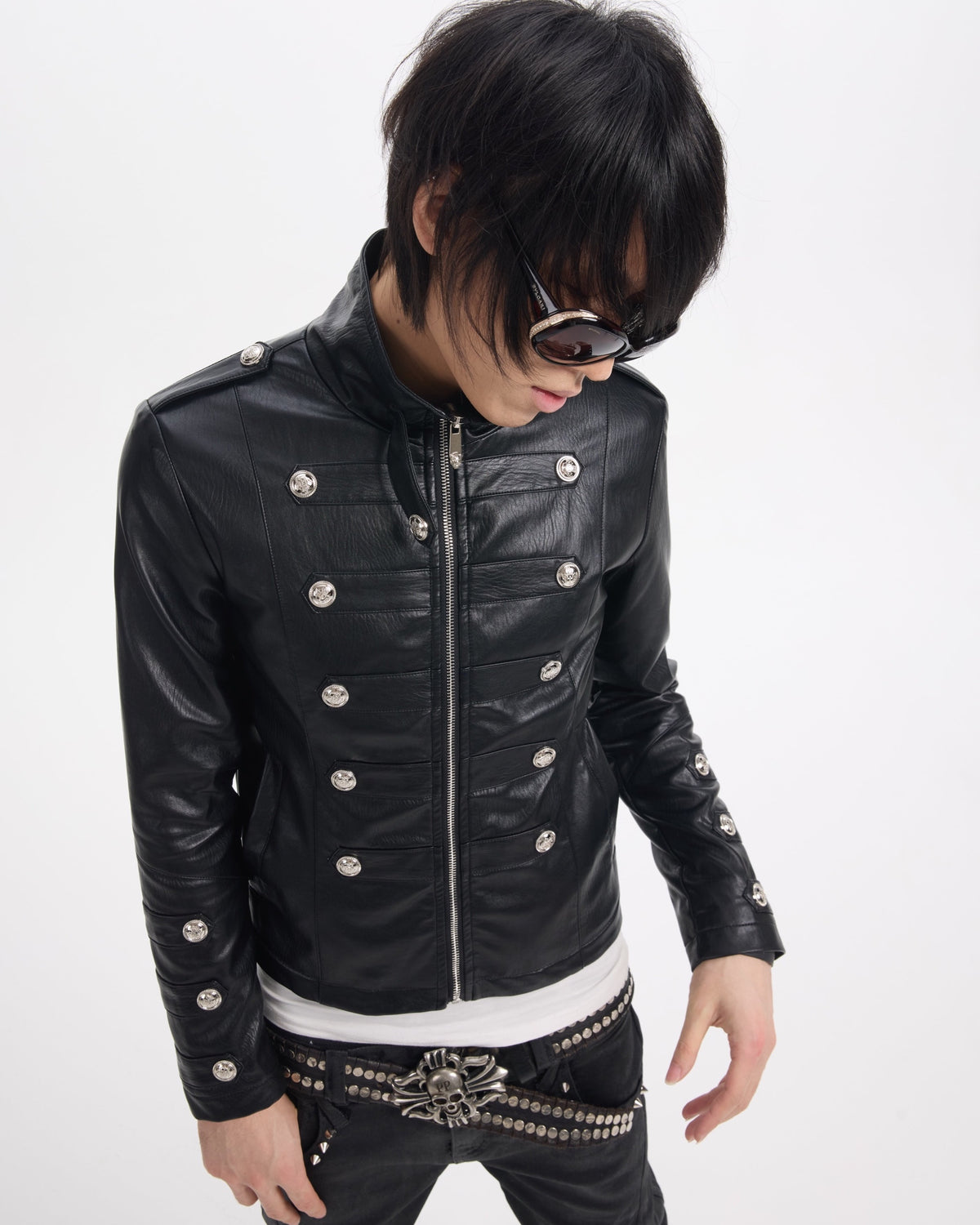 Military Button Faux Leather Jacket by NUMBASIA, on a model