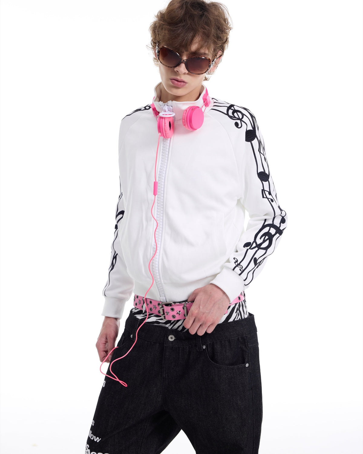 Violin Embroidered Oversized-Zip Track Jacket by NUMBASIA, on a model