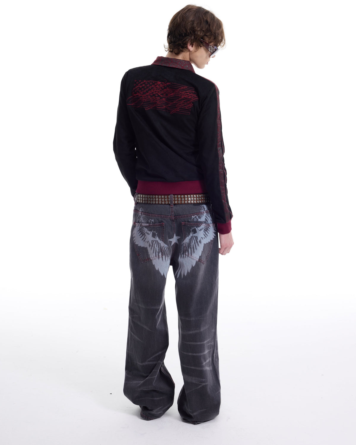 Flag Embroidered Contrast Faux Suede Jacket by NUMBASIA, on a model