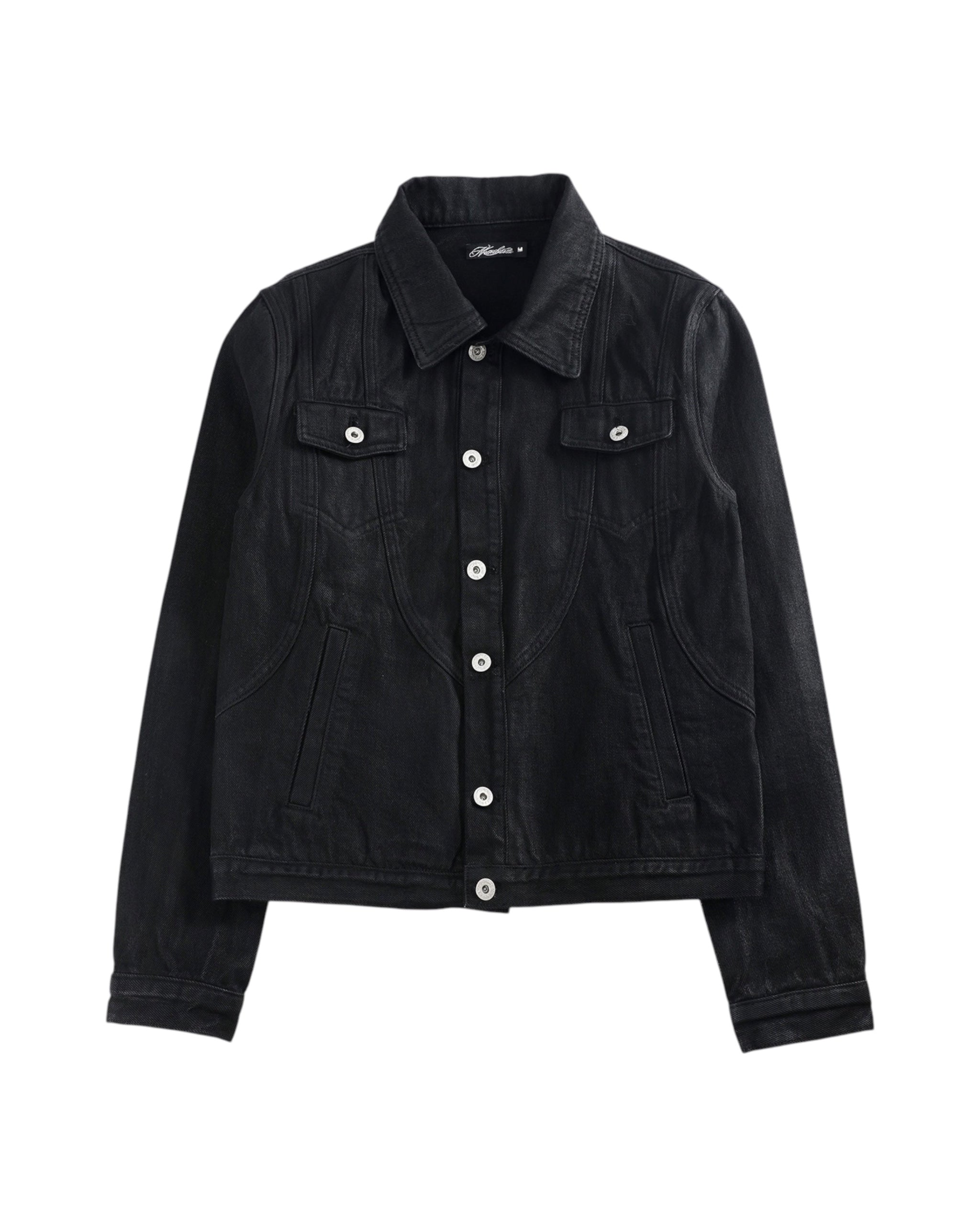 TYPE SWAG Waxed Cropped Denim Jacket by NUMBASIA, product view