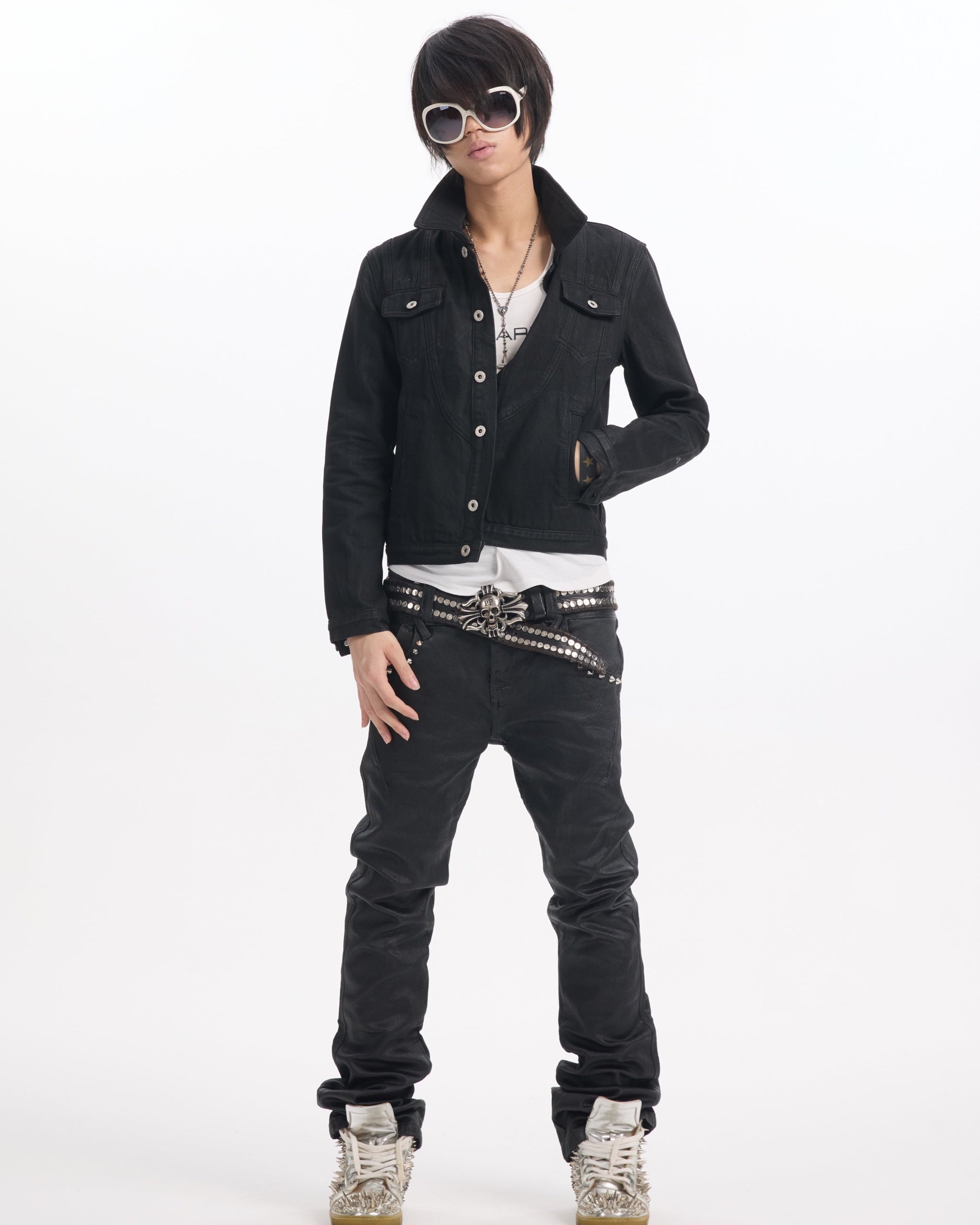 TYPE SWAG Waxed Cropped Denim Jacket by NUMBASIA, on a model