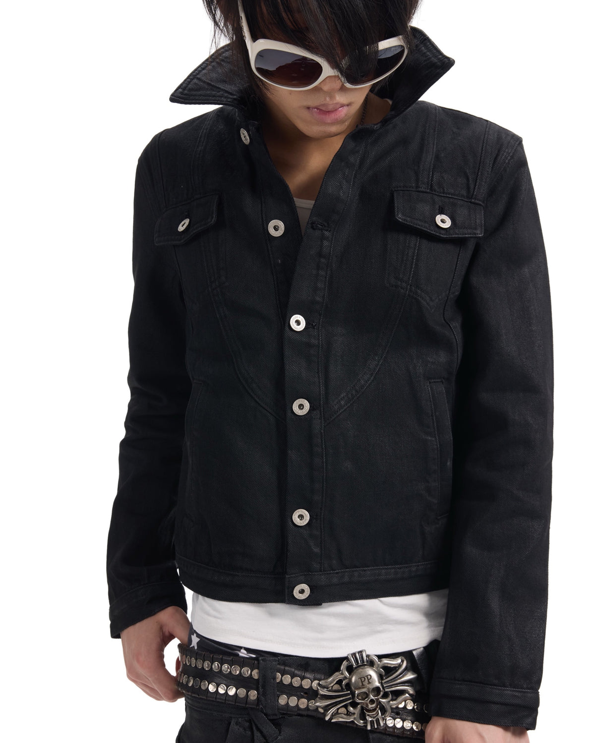 TYPE SWAG Waxed Cropped Denim Jacket by NUMBASIA, on a model
