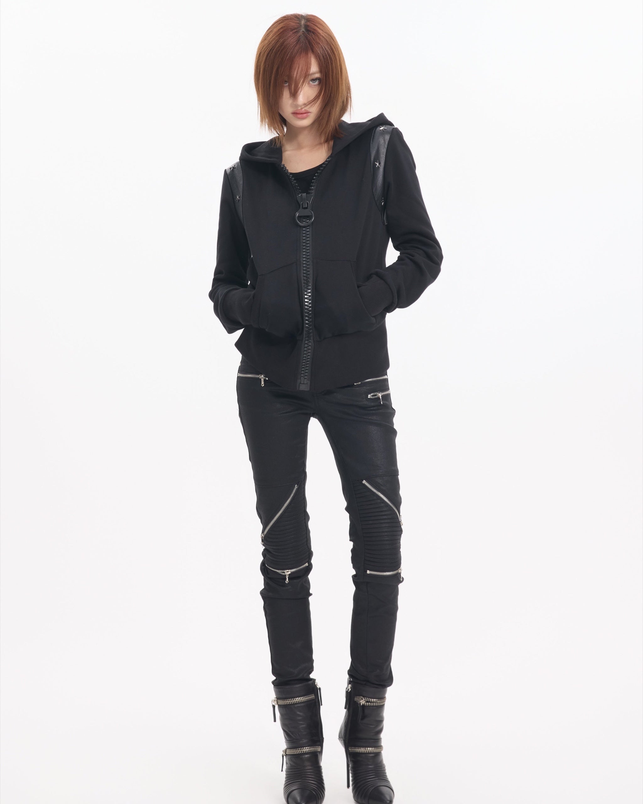 Star-Studded Slim Zip Hoodie by NUMBASIA, on a model