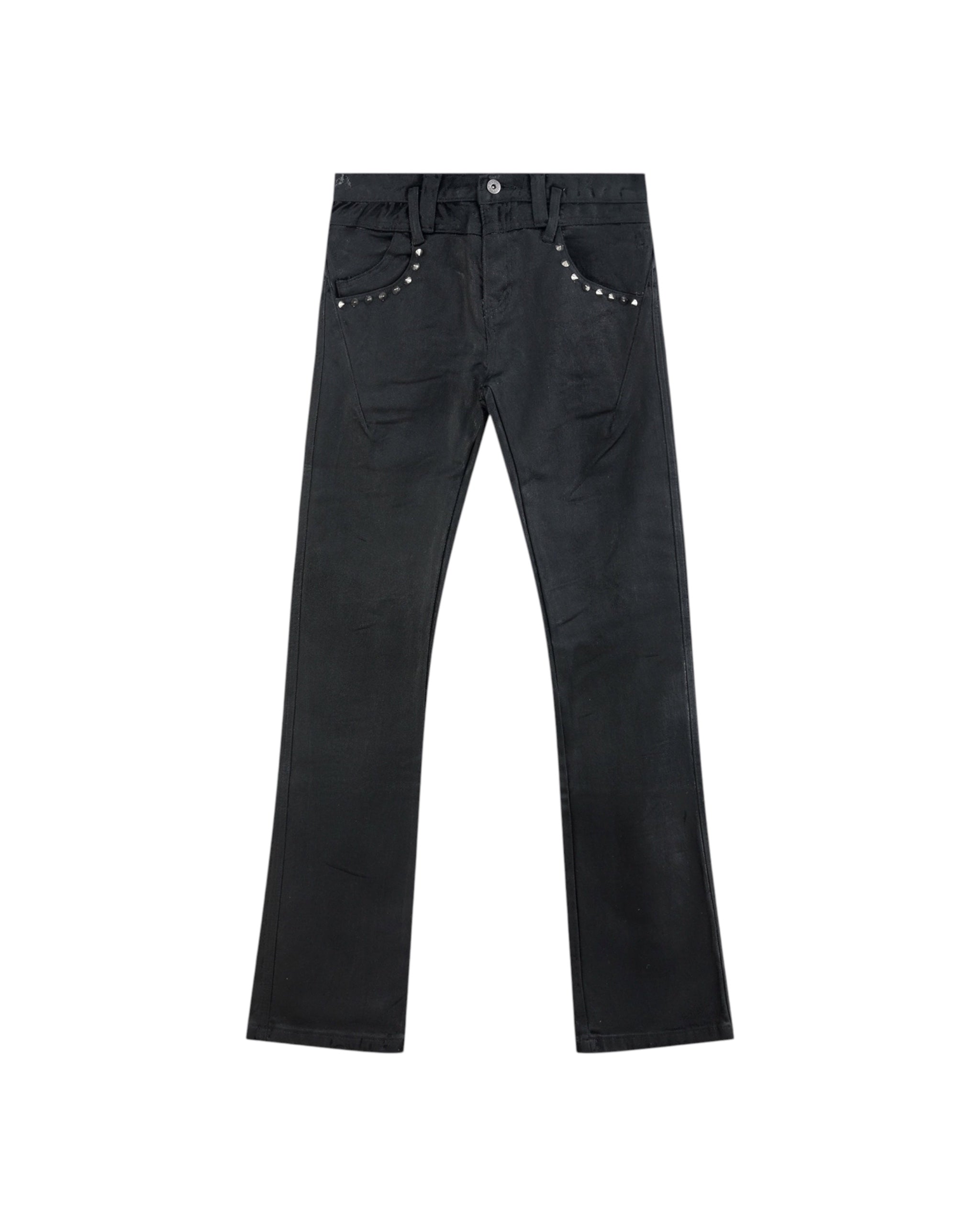 Waxed Studded Low-Rise Flared Jeans by NUMBASIA, product view