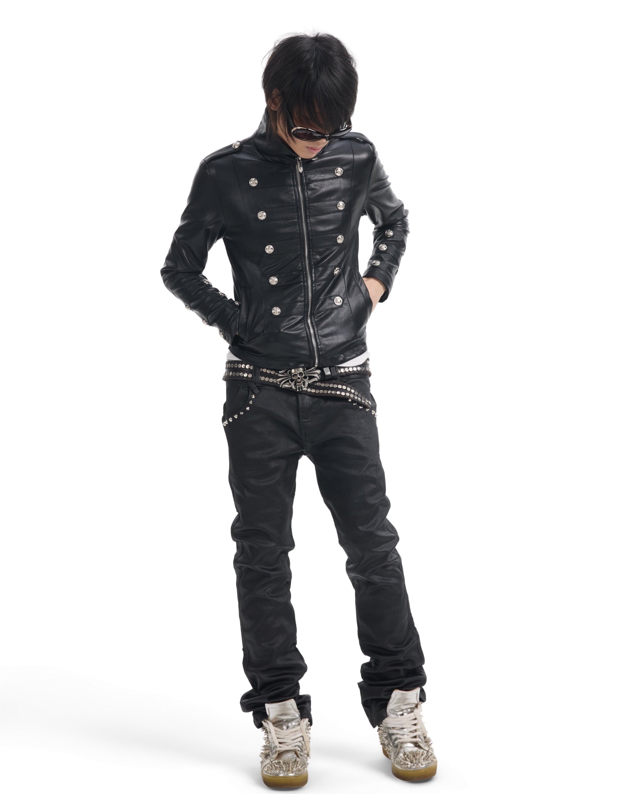 Waxed Studded Low-Rise Flared Jeans by NUMBASIA, on a model