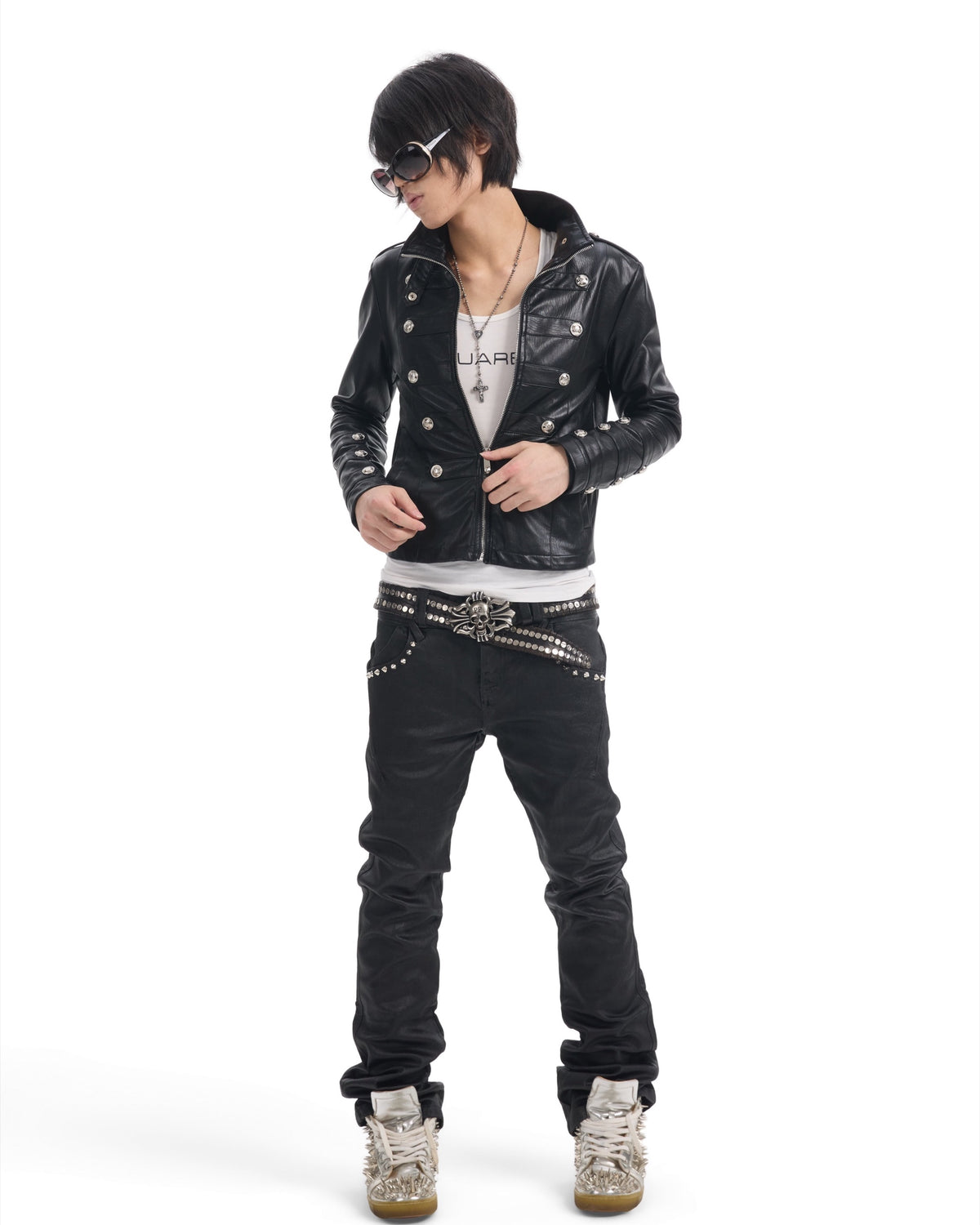 Waxed Studded Low-Rise Flared Jeans by NUMBASIA, on a model