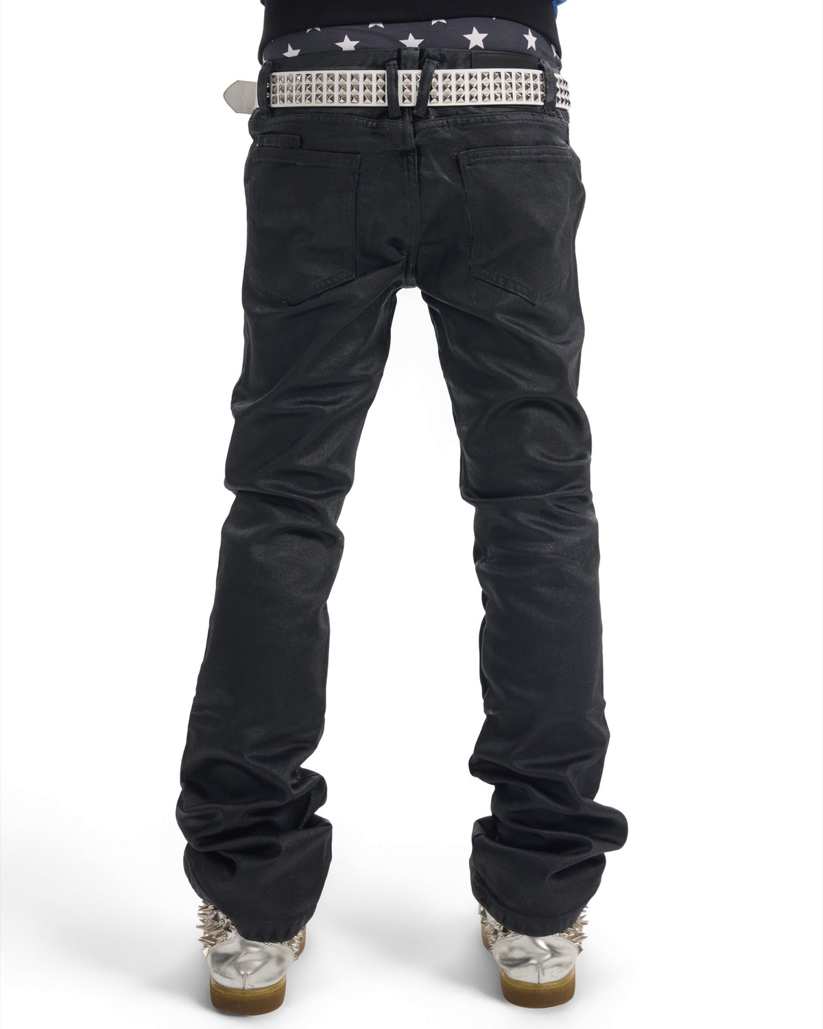 Waxed Studded Low-Rise Flared Jeans by NUMBASIA, on a model