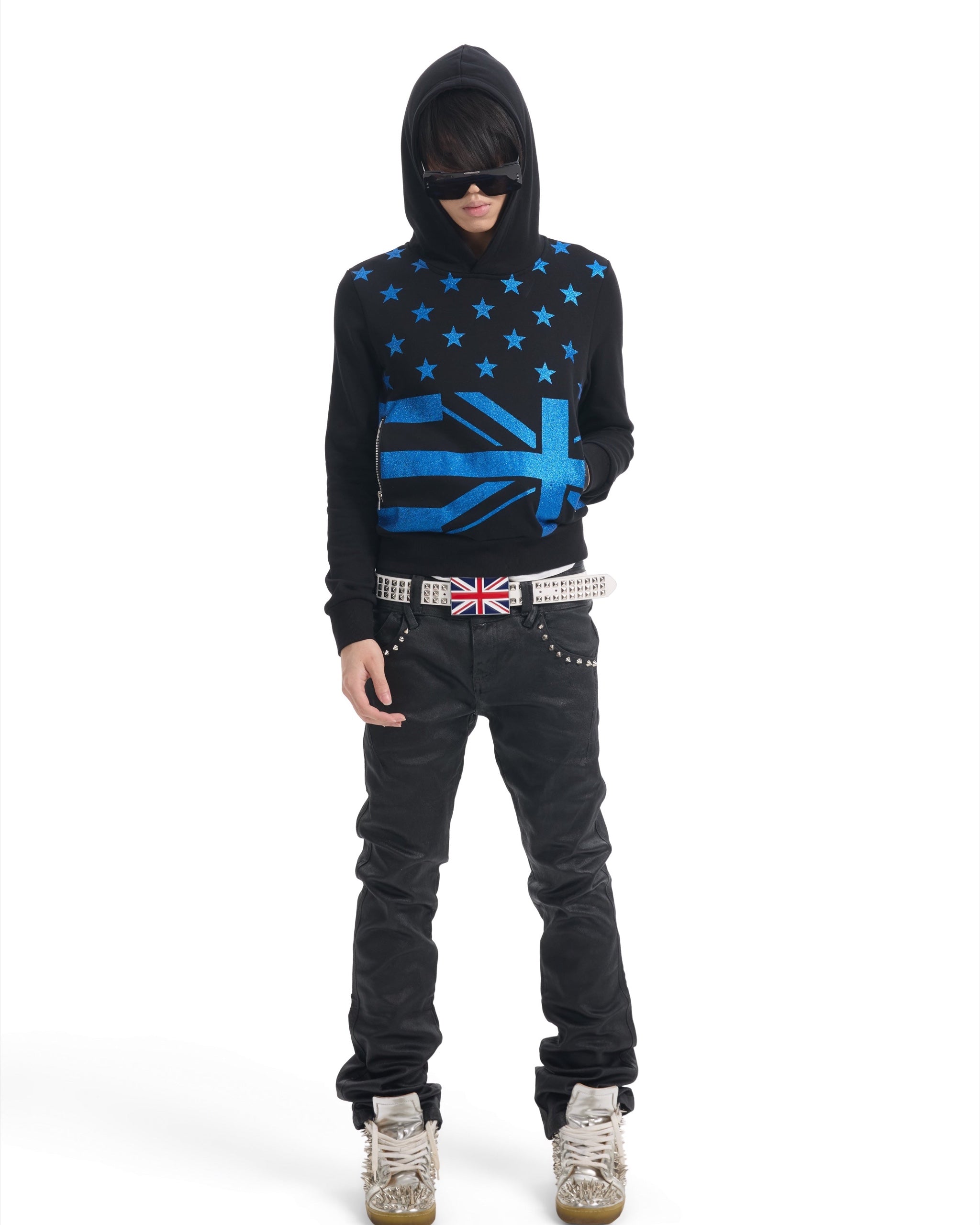 Union Jack Star Glitter Print Hoodie by NUMBASIA, on a model