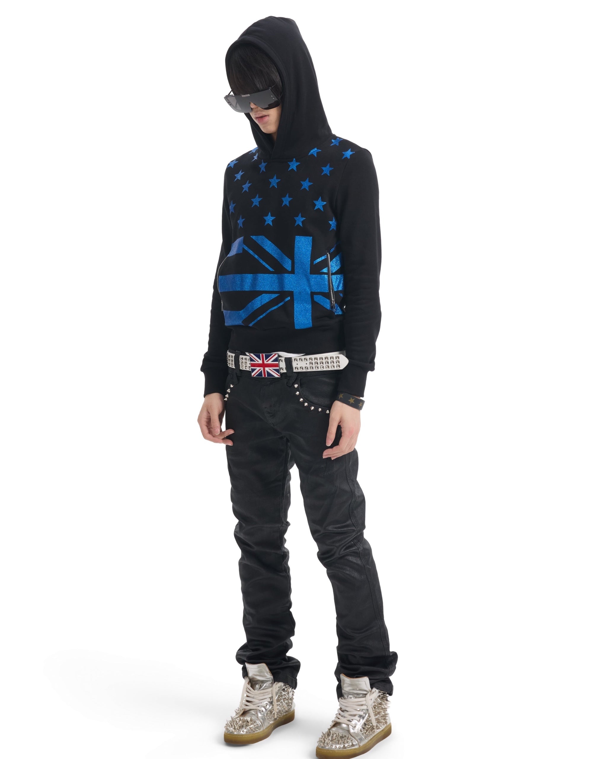 Union Jack Star Glitter Print Hoodie by NUMBASIA, on a model