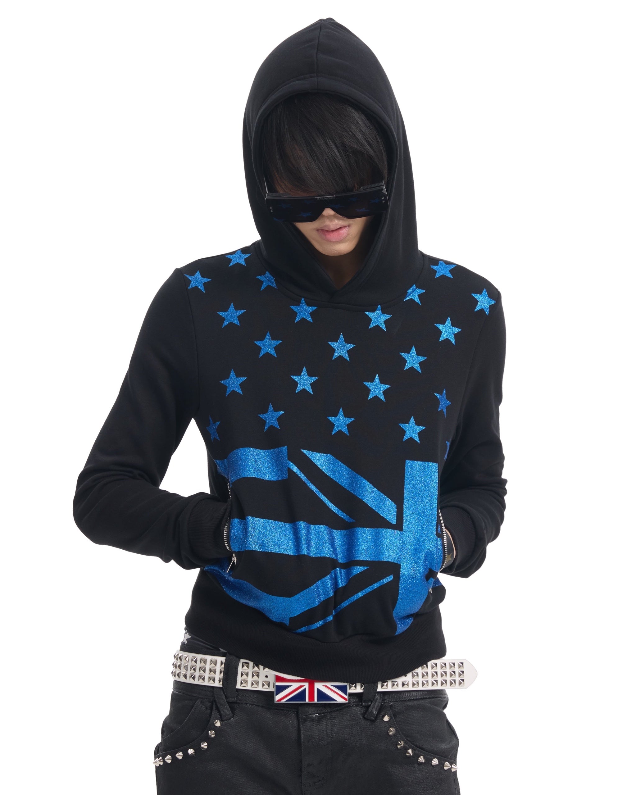 Union Jack Star Glitter Print Hoodie by NUMBASIA, on a model