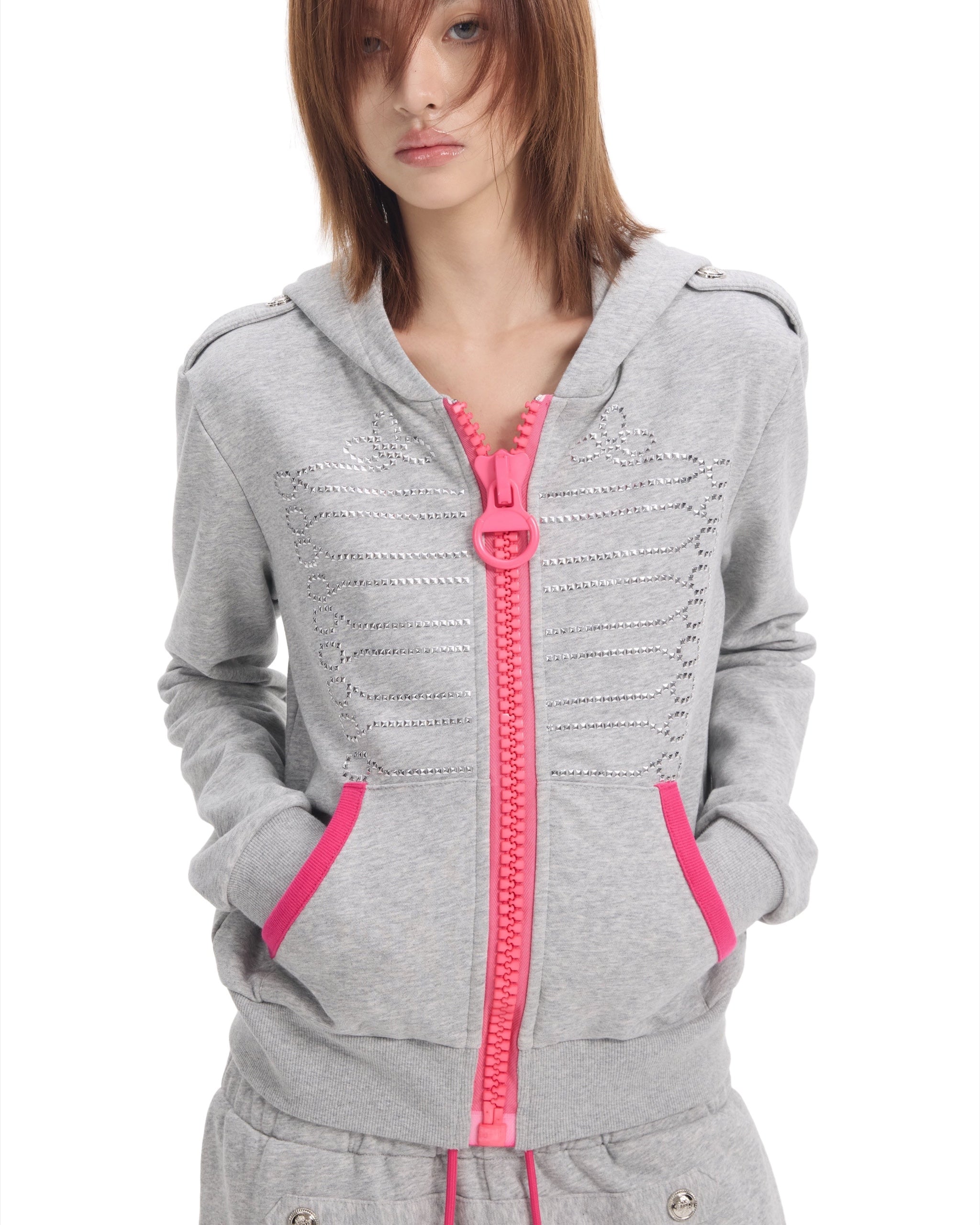 Baroque Oversized Hoodie with Pink Zip by NUMBASIA, on a model