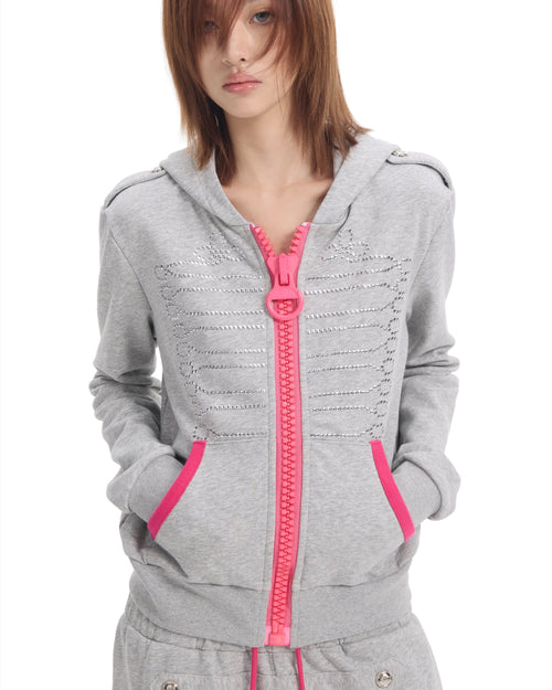 Baroque Oversized Hoodie with Pink Zip by NUMBASIA, on a model