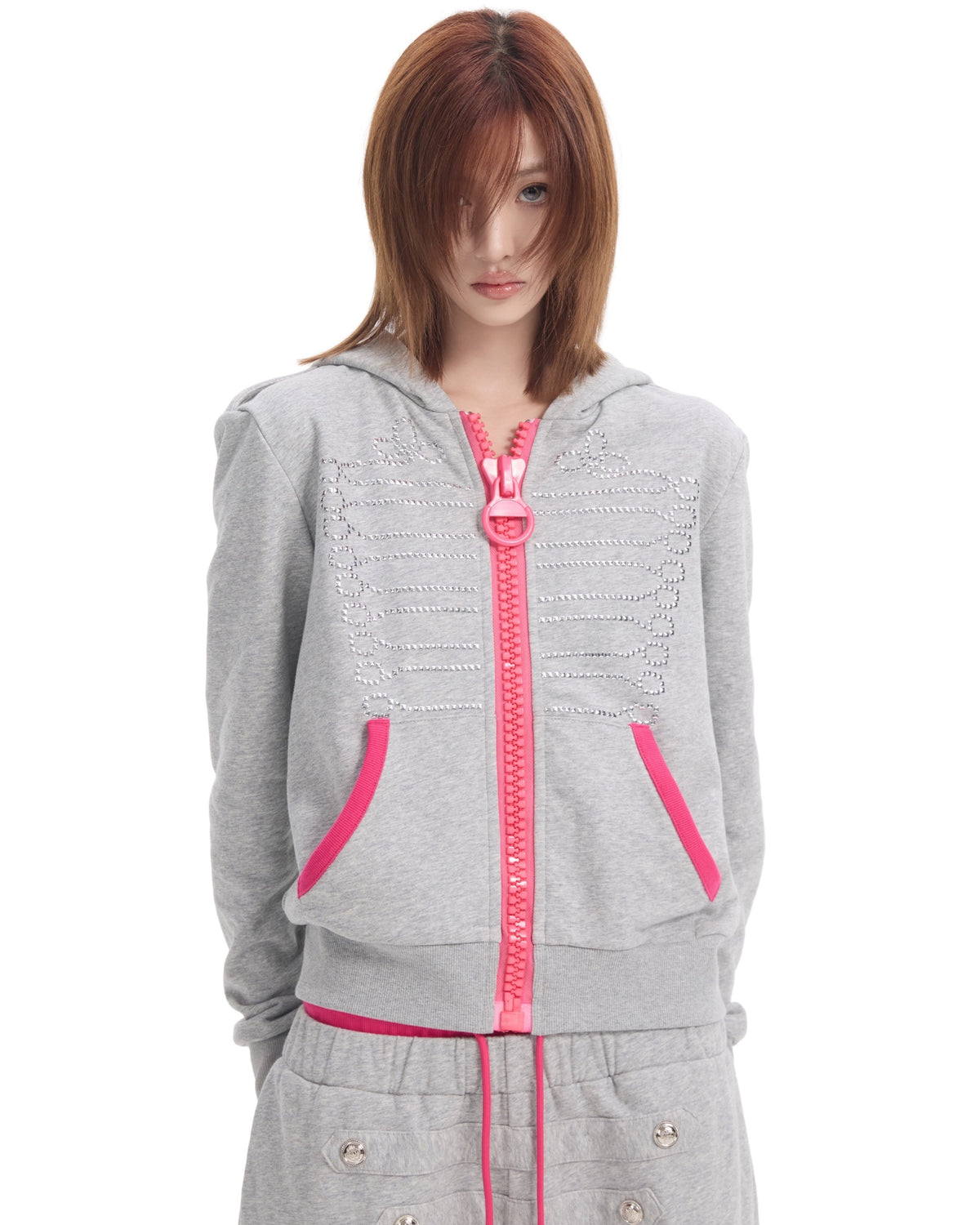 Baroque Oversized Hoodie with Pink Zip by NUMBASIA, on a model