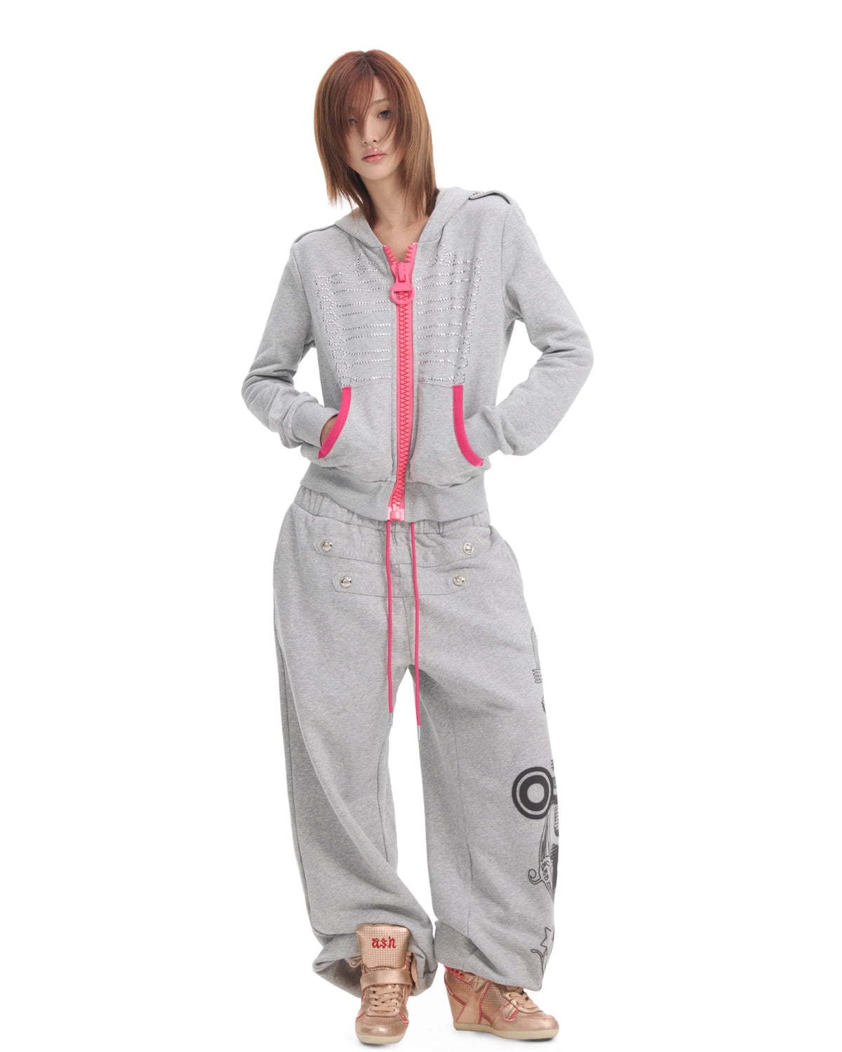 Baroque Oversized Hoodie with Pink Zip by NUMBASIA, on a model