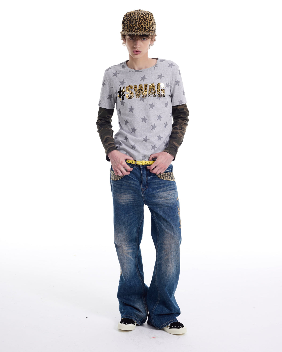 SWAG Star Camo Layered-Look Long Sleeve T-Shirt by NUMBASIA, on a model