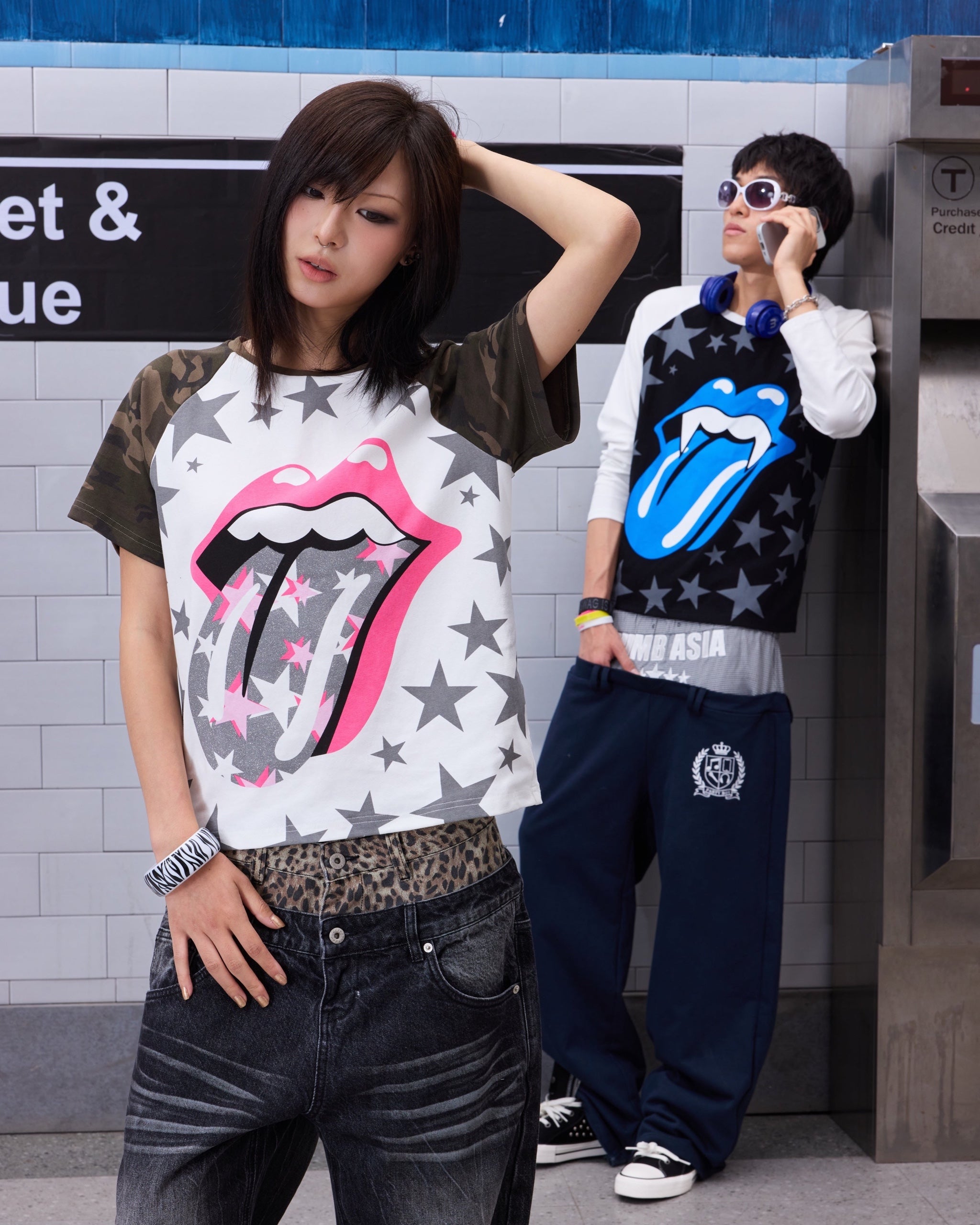 Pink Tongue Star Camo Raglan T-Shirt by NUMBASIA, on a model