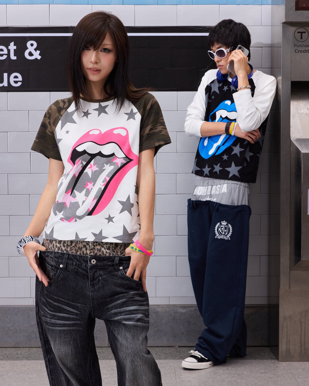 Pink Tongue Star Camo Raglan T-Shirt by NUMBASIA, on a model