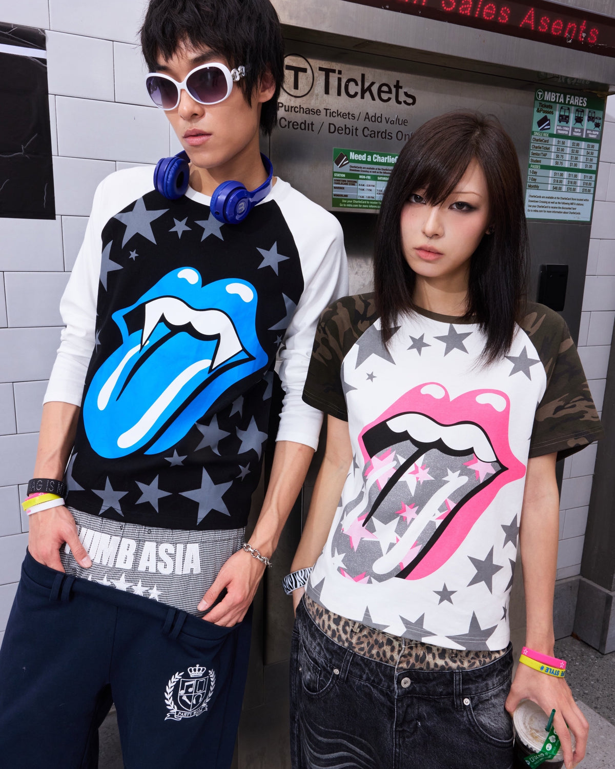 Pink Tongue Star Camo Raglan T-Shirt by NUMBASIA, on a model