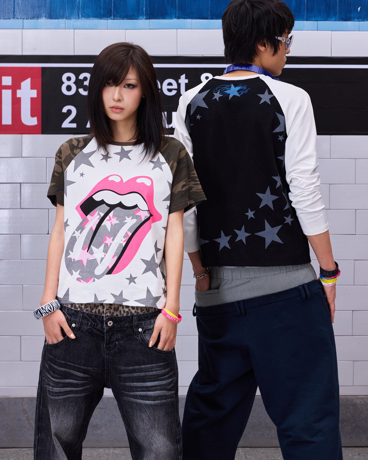 Pink Tongue Star Camo Raglan T-Shirt by NUMBASIA, on a model