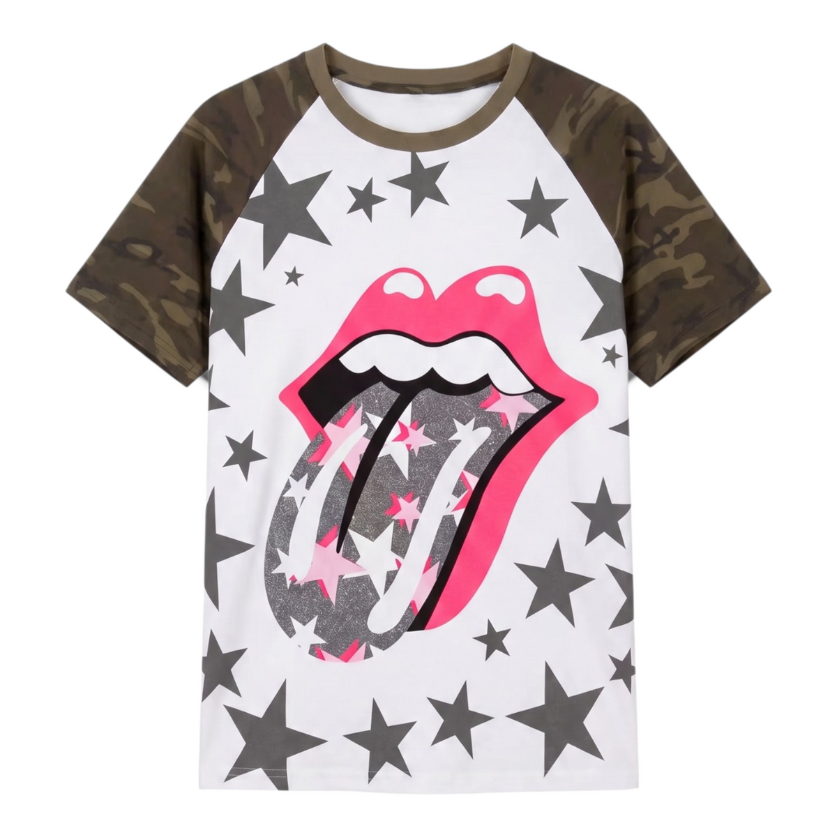 Pink Tongue Star Camo Raglan T-Shirt by NUMBASIA, product view