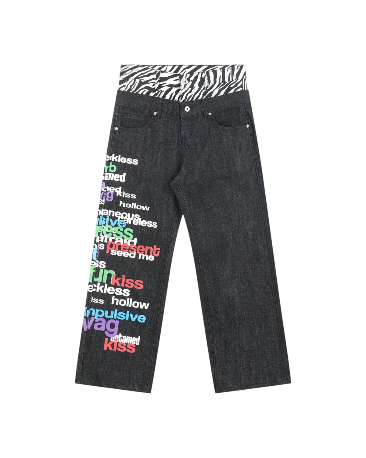 Slogan Zebra Double-Waist Baggy Jeans by NUMBASIA, product view