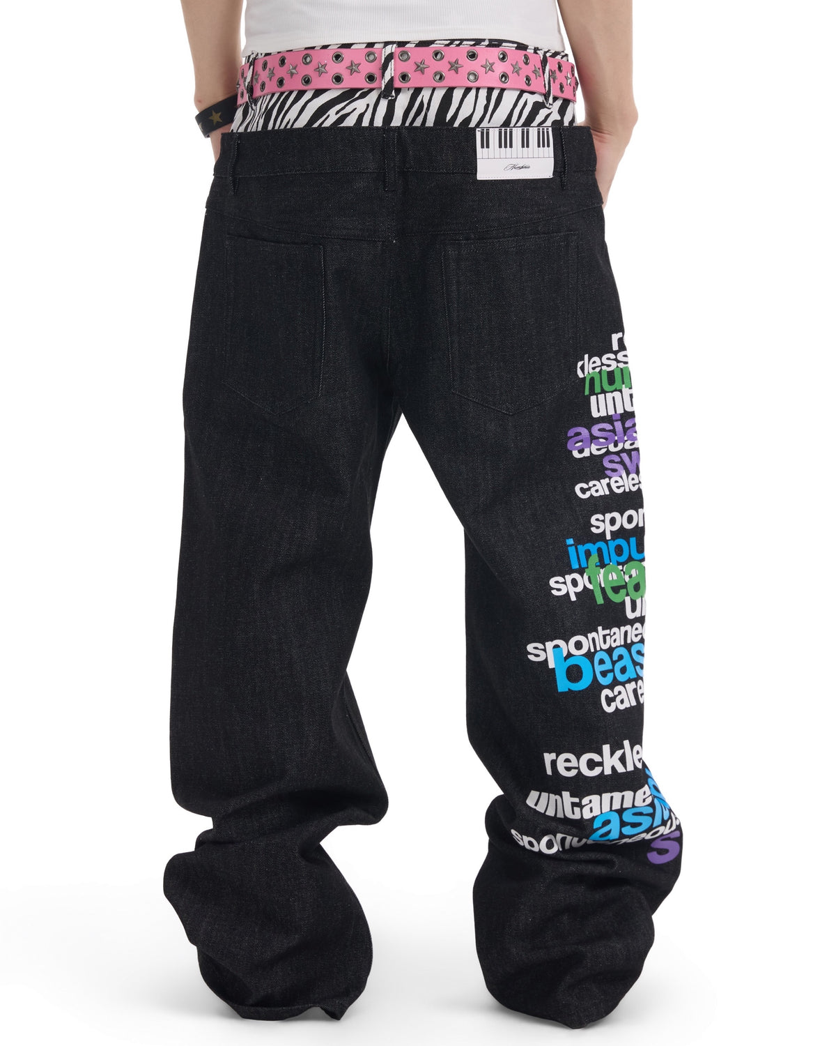 Slogan Zebra Double-Waist Baggy Jeans by NUMBASIA, on a model