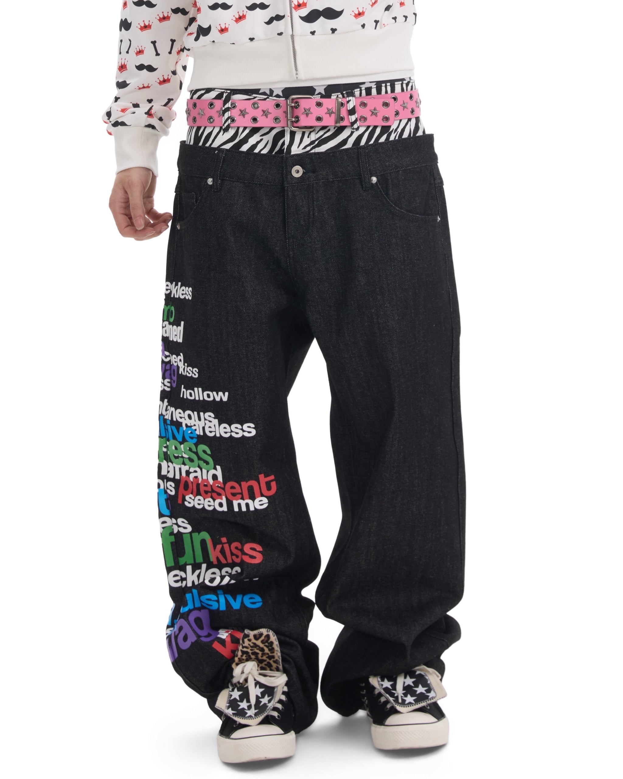 Slogan Zebra Double-Waist Baggy Jeans by NUMBASIA, on a model