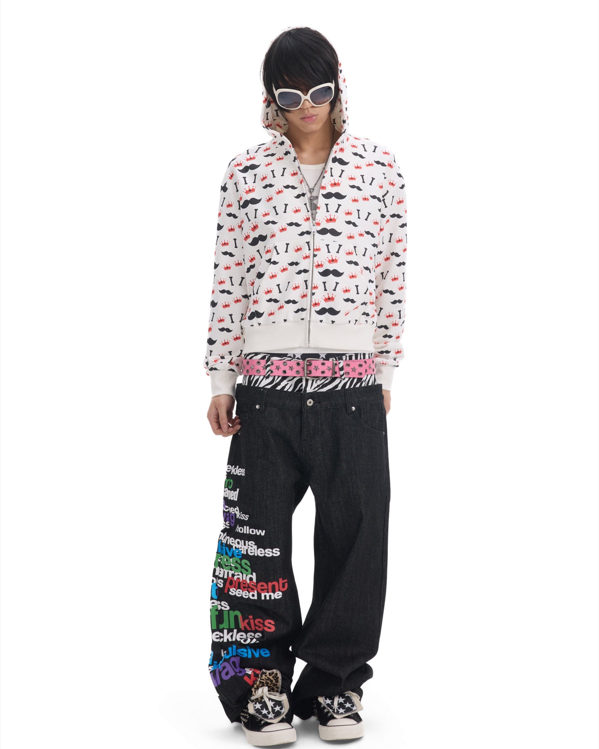 Slogan Zebra Double-Waist Baggy Jeans by NUMBASIA, on a model