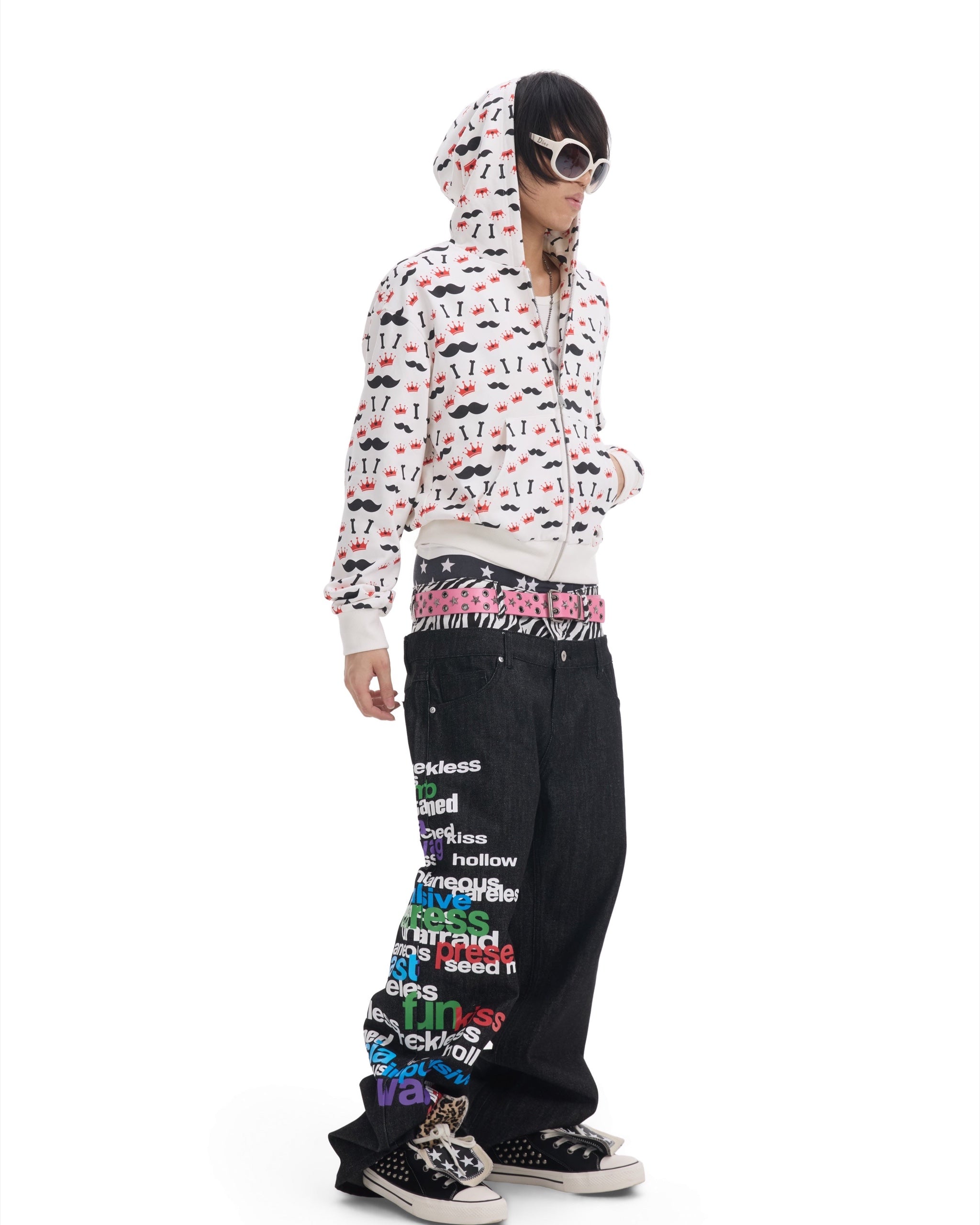 Slogan Zebra Double-Waist Baggy Jeans by NUMBASIA, on a model