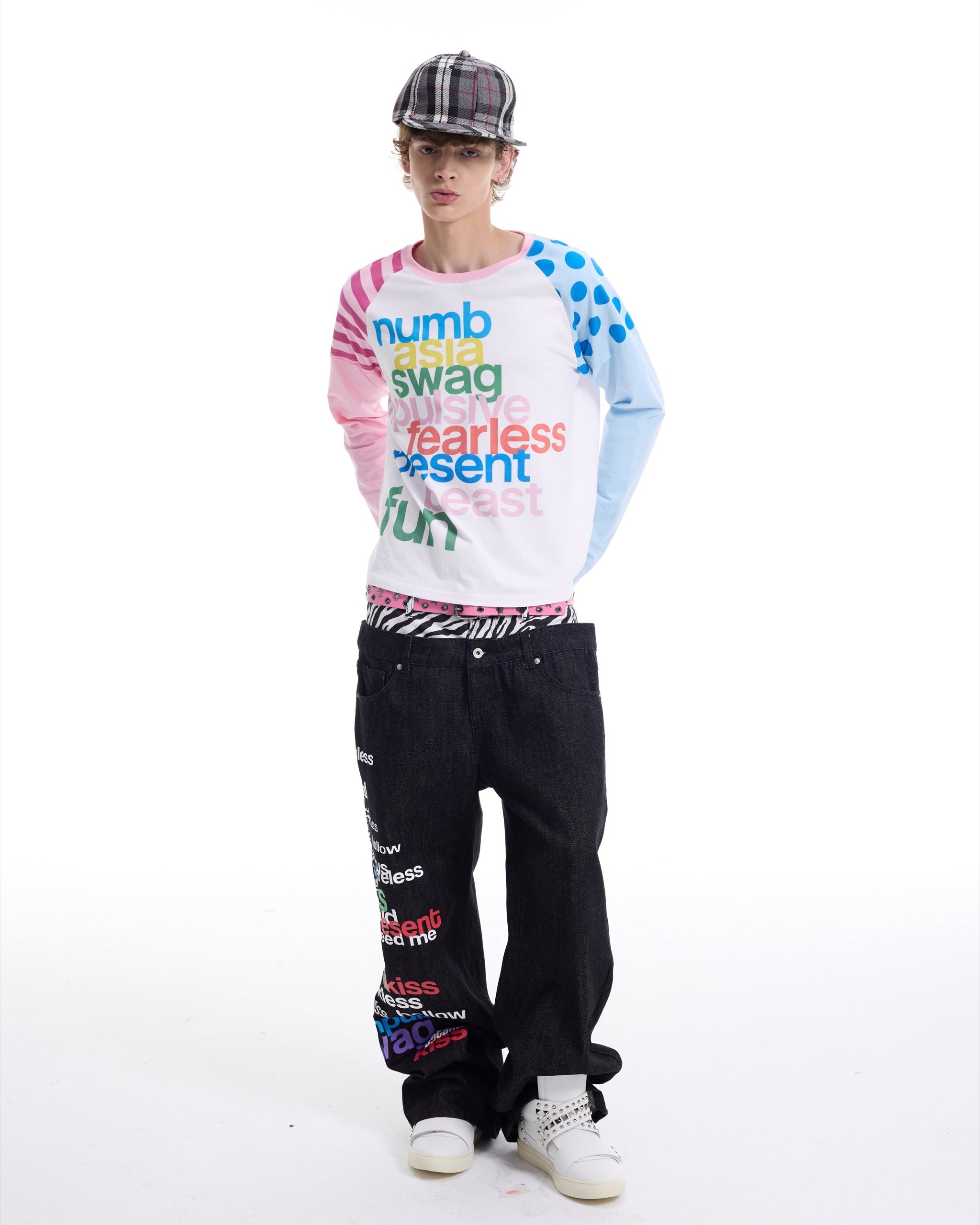 Multicolor Graphic Raglan Long Sleeve T-Shirt by NUMBASIA, on a model