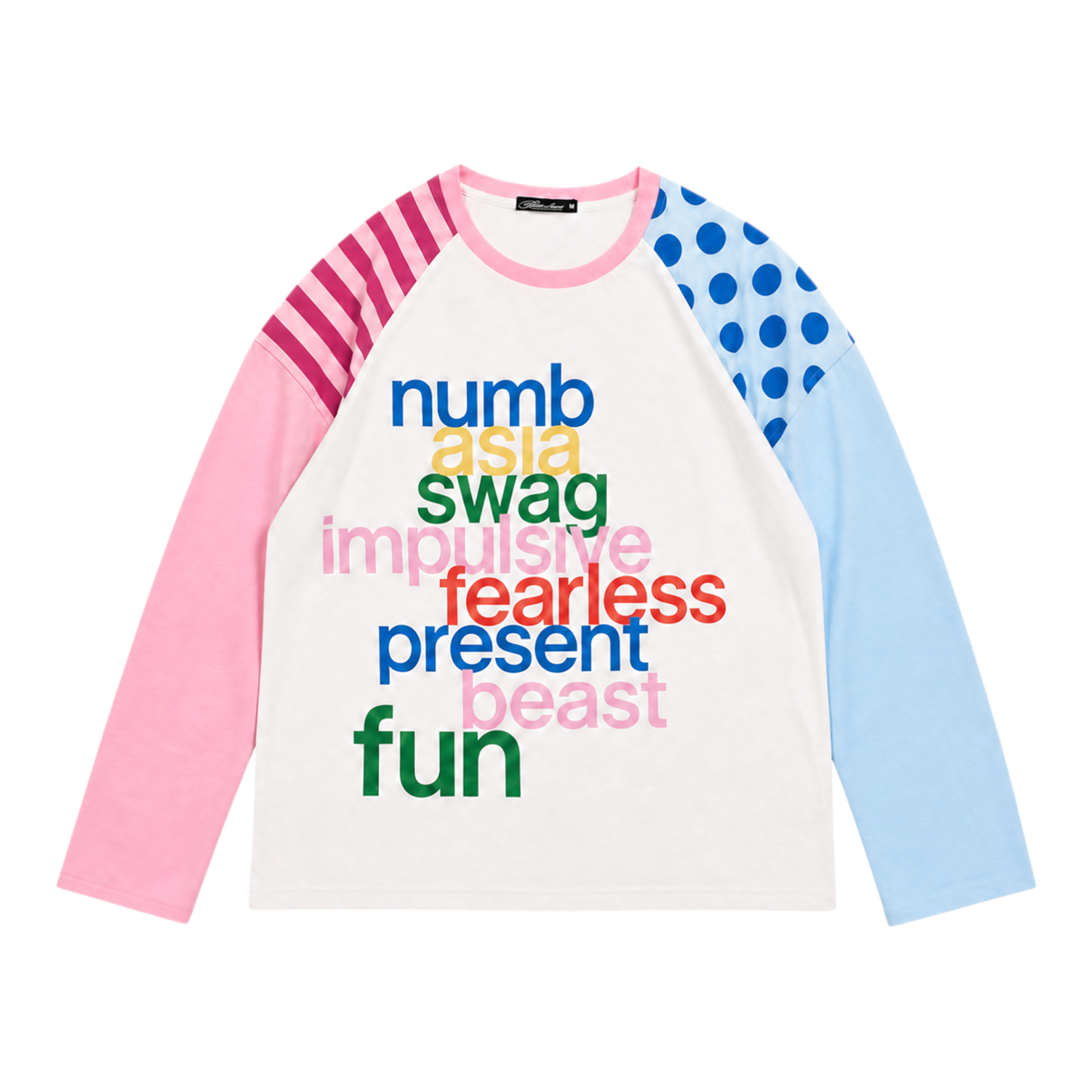 Multicolor Graphic Raglan Long Sleeve T-Shirt by NUMBASIA, front view