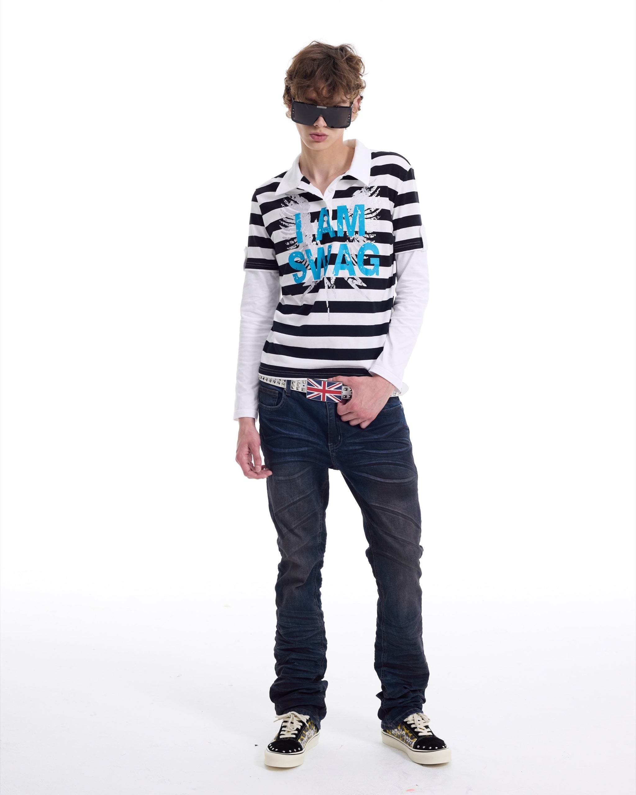 IAMSWAG Striped Layered-Look Long Sleeve Polo by NUMBASIA, on a model
