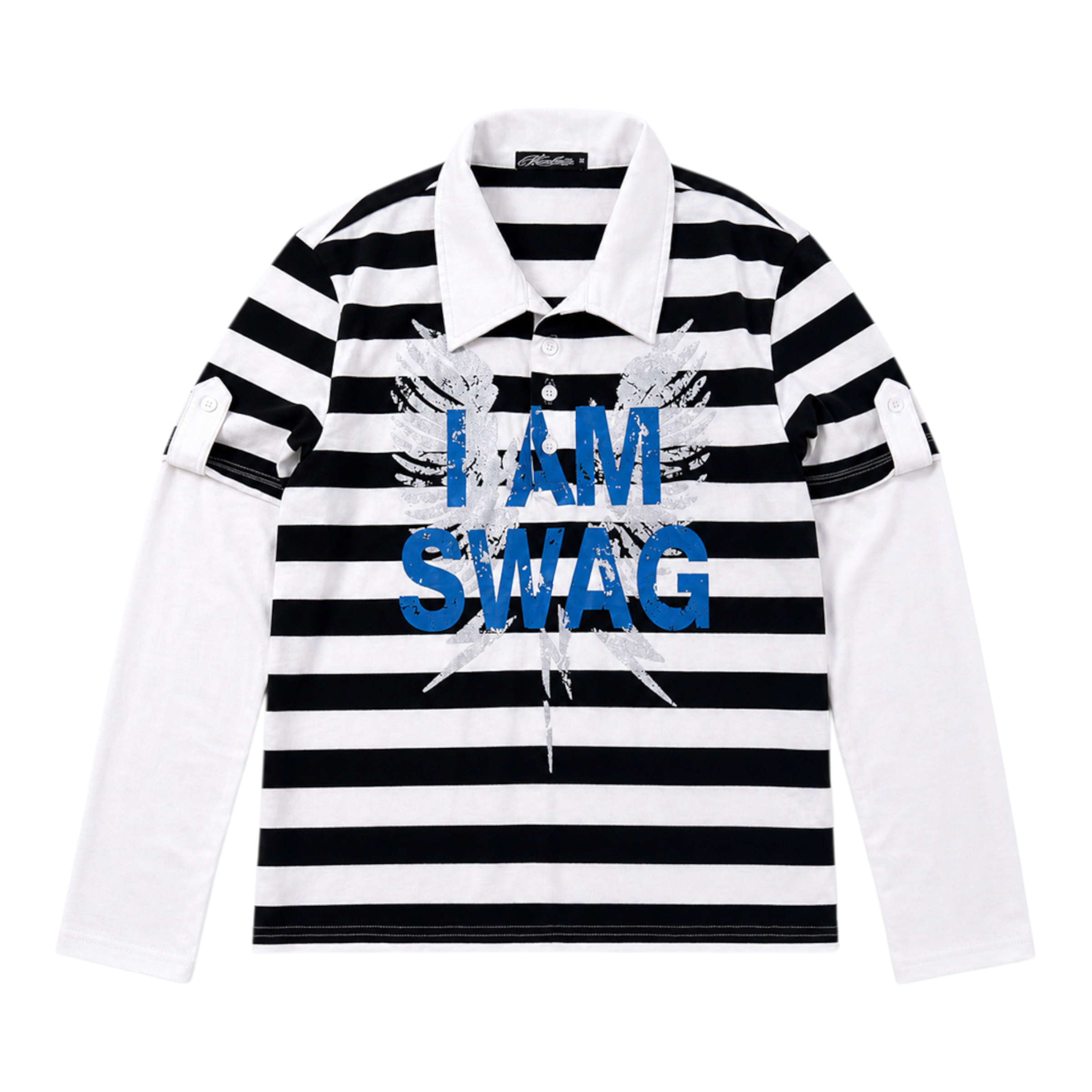 IAMSWAG Striped Layered-Look Long Sleeve Polo by NUMBASIA, front view