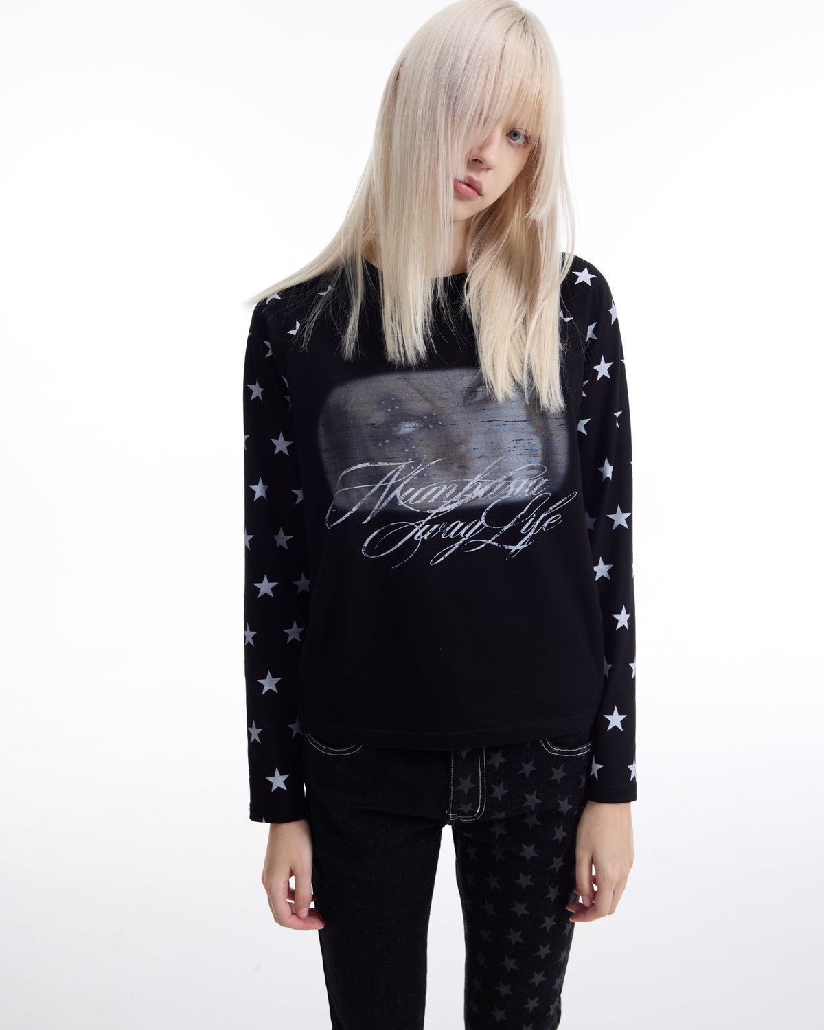 Star Girl Graphic Raglan Long Sleeve T-Shirt by NUMBASIA, on a model