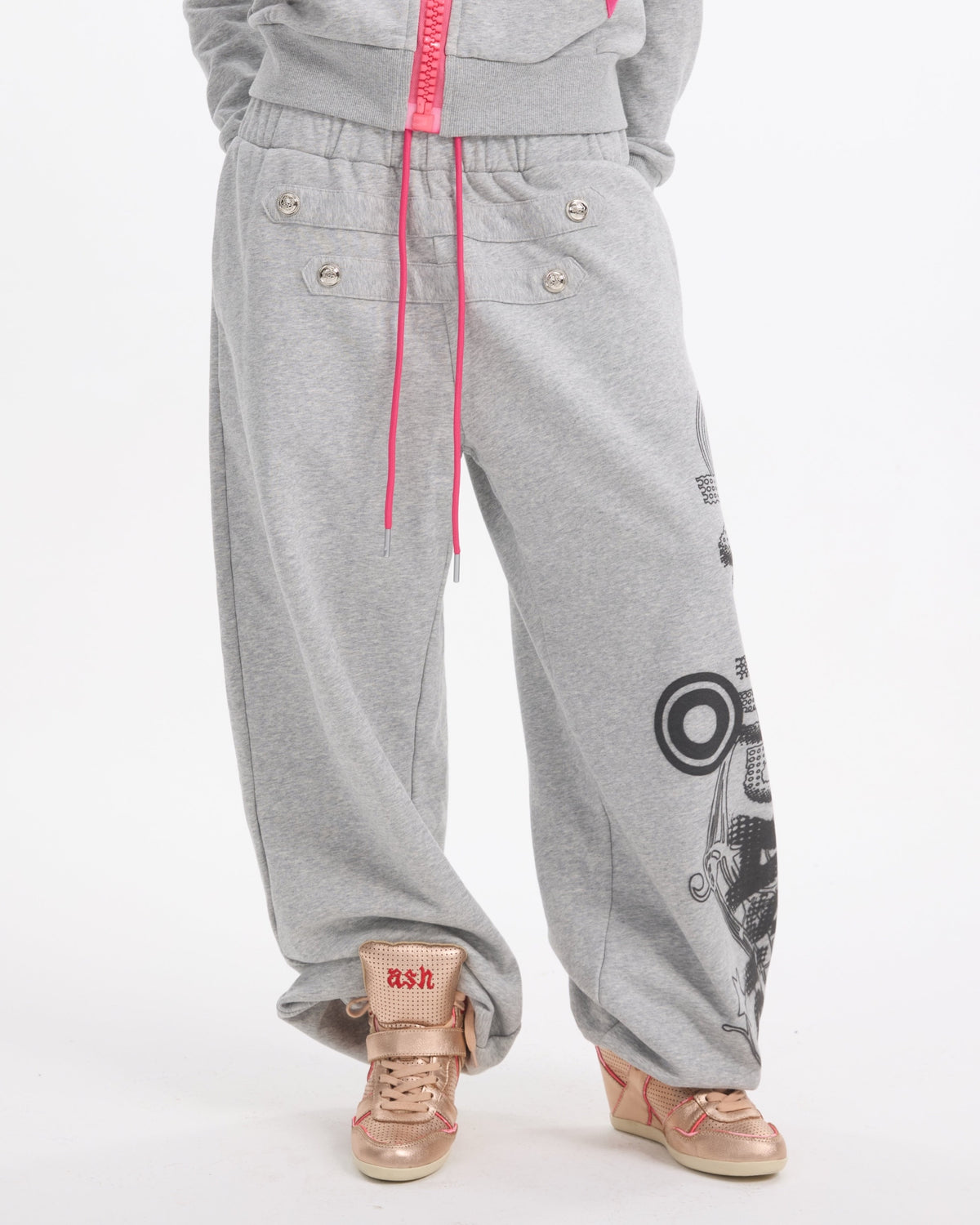 Double-Waist Baroque Print Baggy Joggers by NUMBASIA, on a model