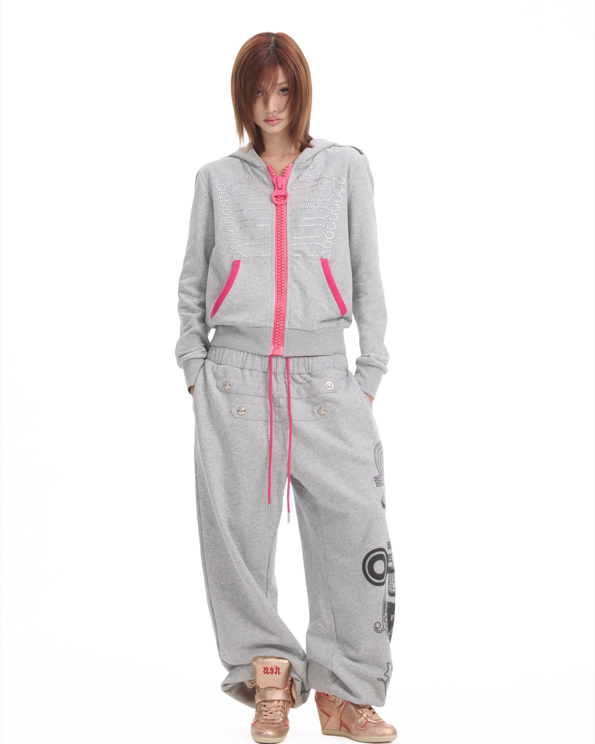 Double-Waist Baroque Print Baggy Joggers by NUMBASIA, on a model