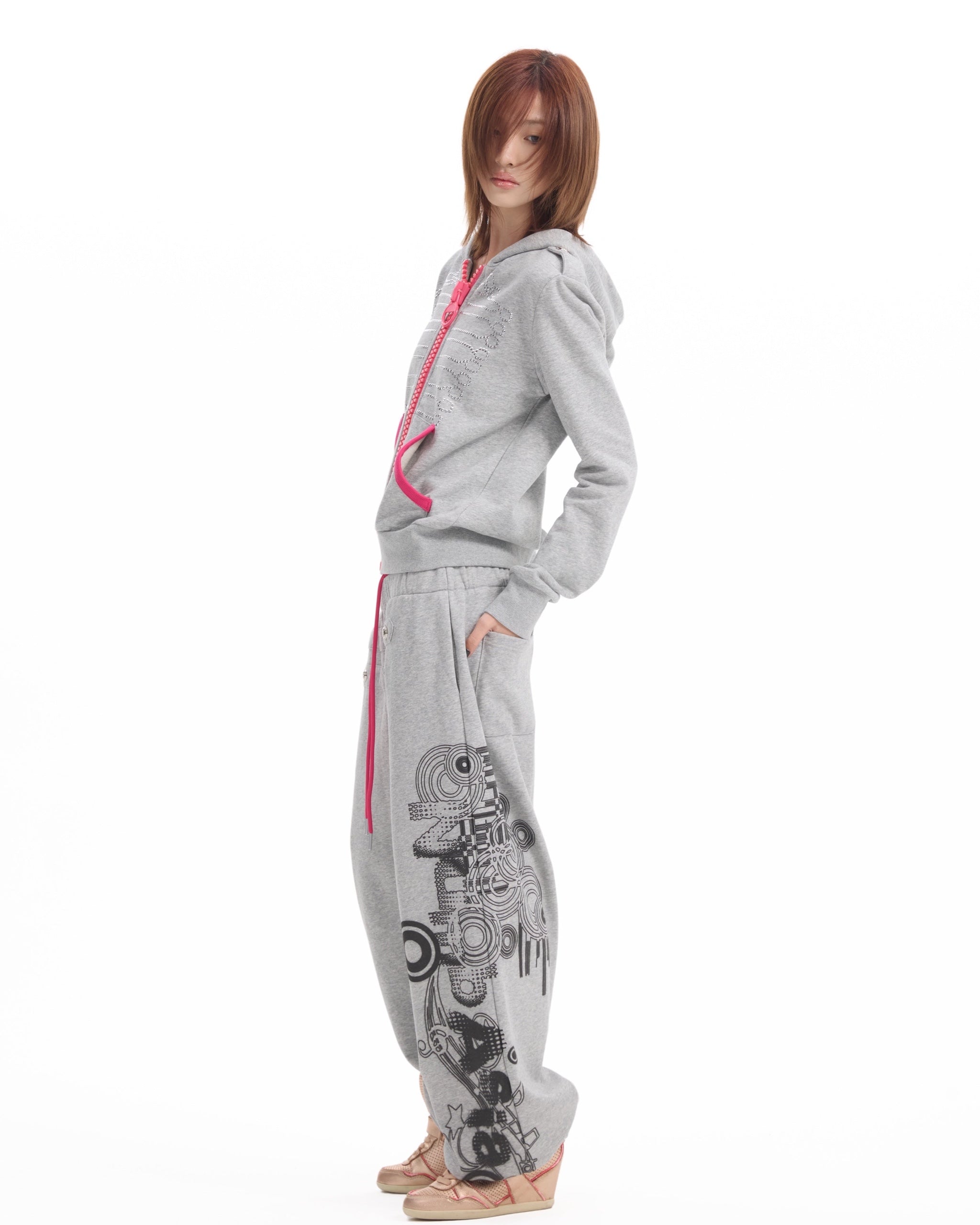 Double-Waist Baroque Print Baggy Joggers by NUMBASIA, on a model