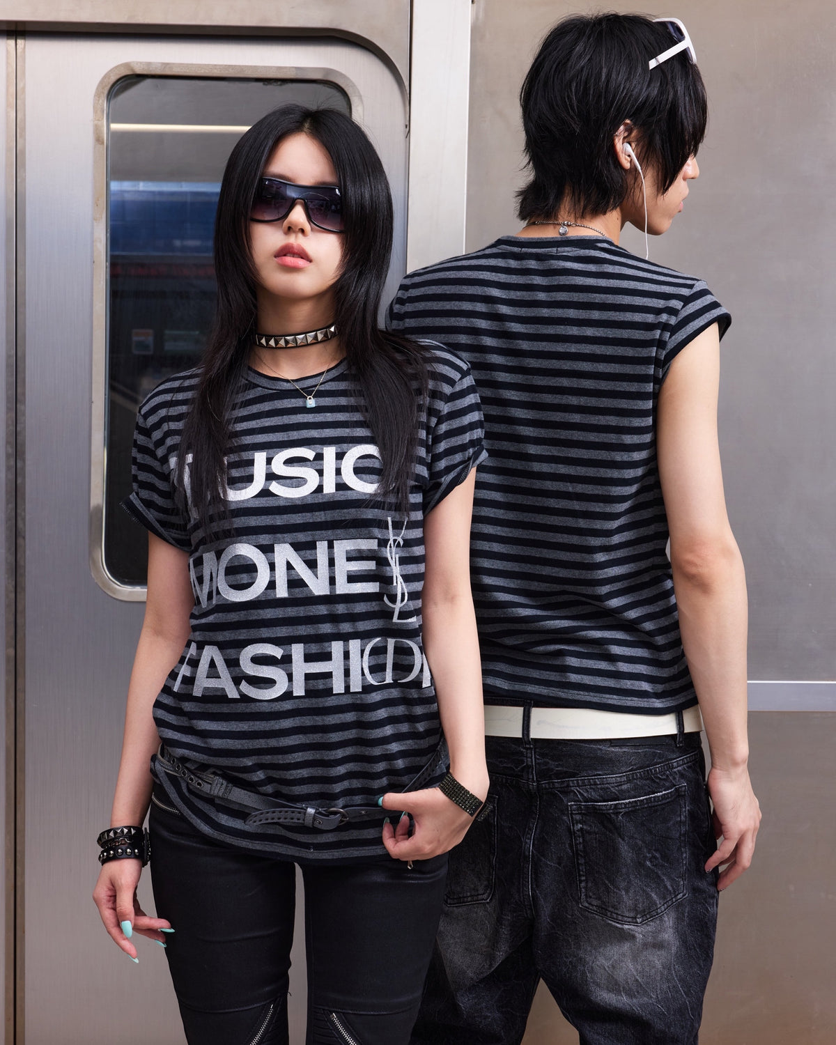 Glitter Logo Striped Fitted T-Shirt by NUMBASIA, on a model