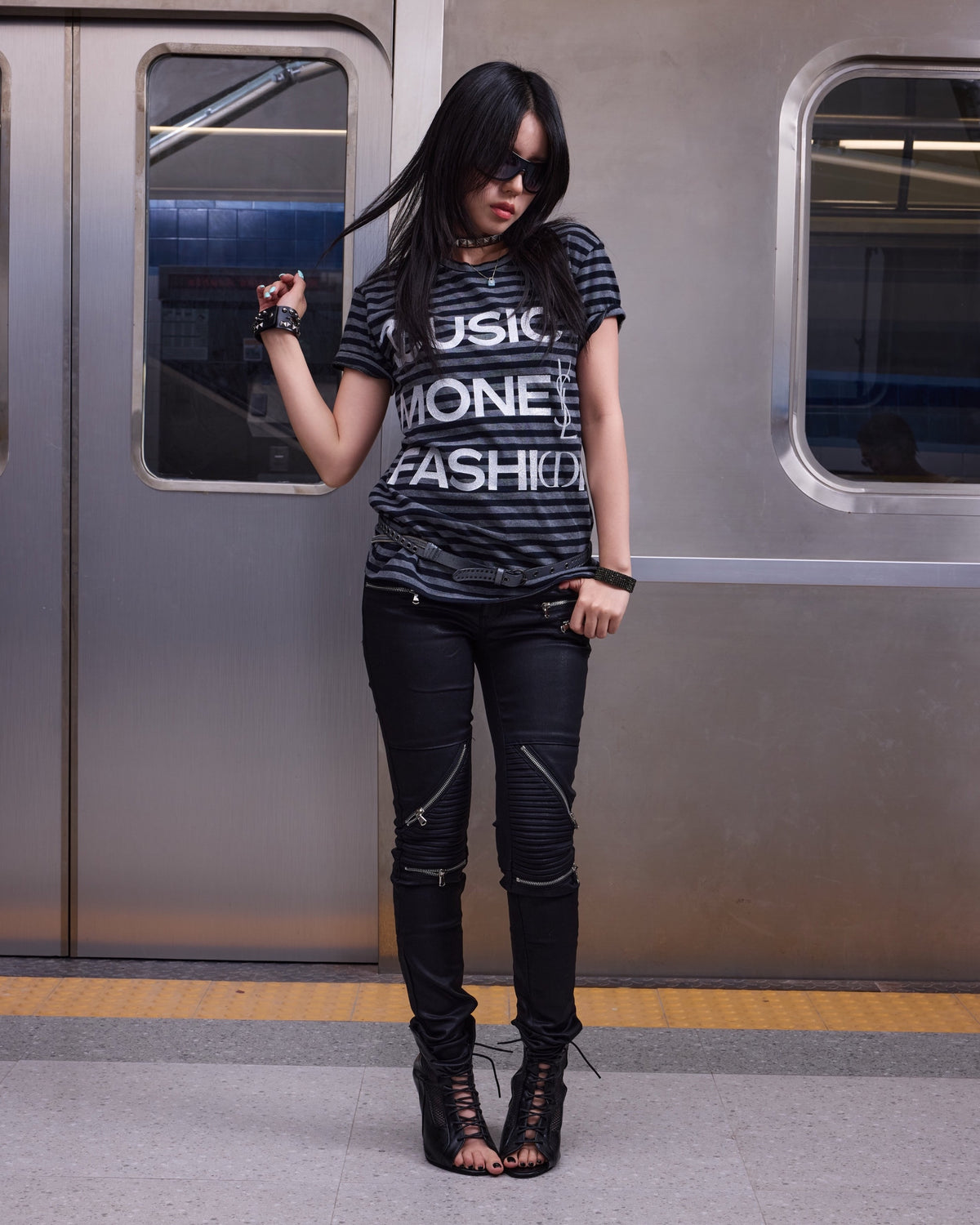 Glitter Logo Striped Fitted T-Shirt by NUMBASIA, on a model