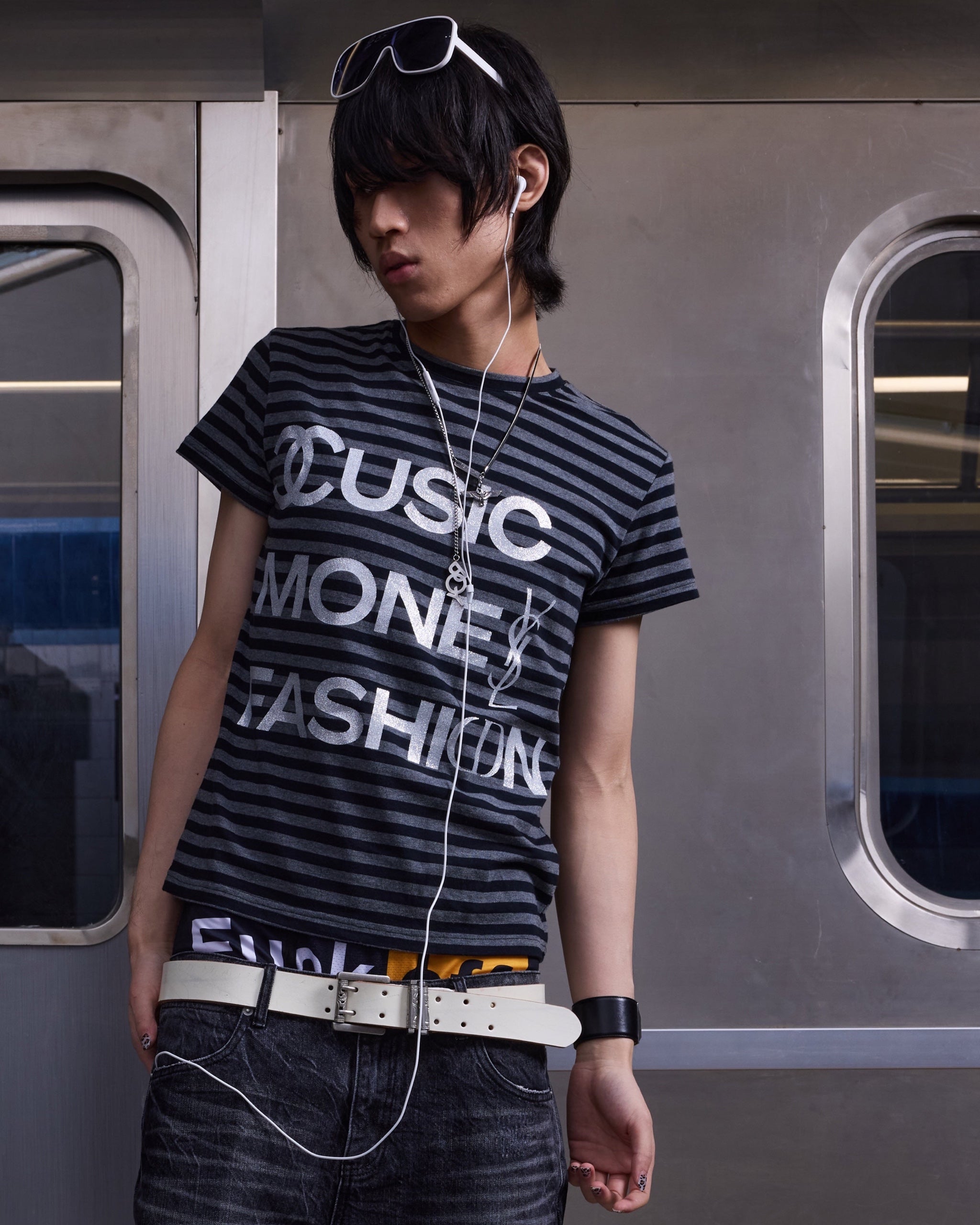 Glitter Logo Striped Fitted T-Shirt by NUMBASIA, on a model