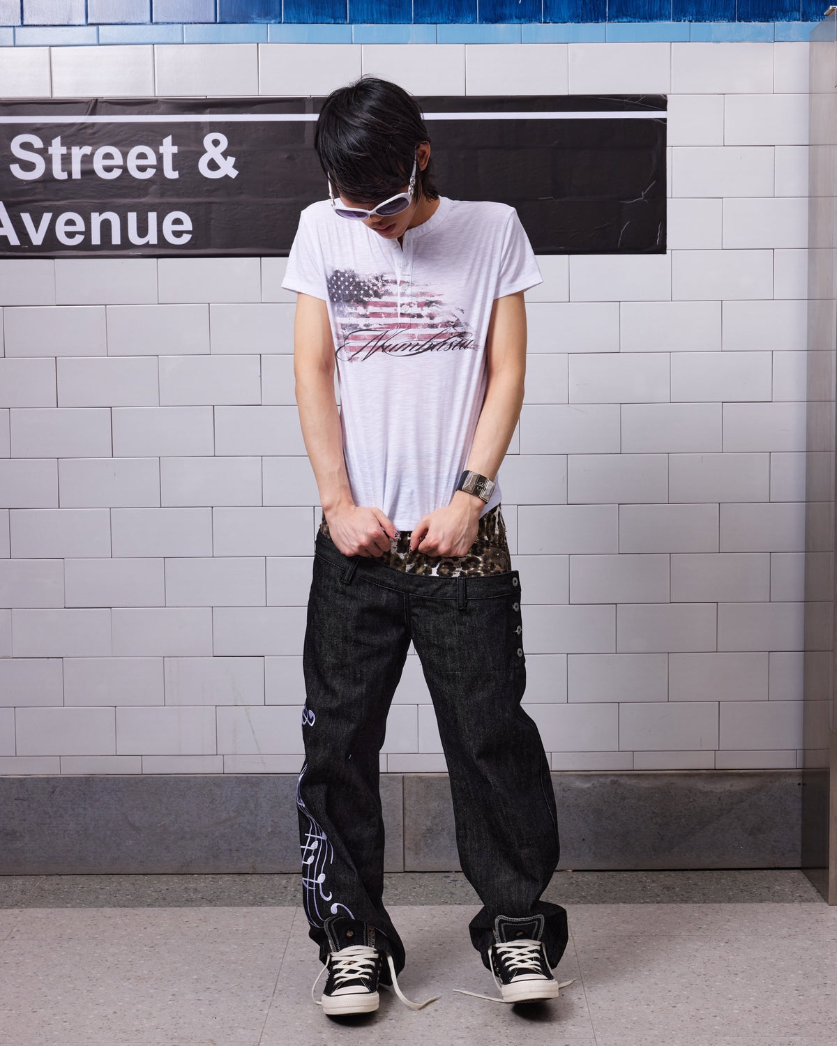 Distressed Flag Print Slub Henley T-Shirt by NUMBASIA, on a model