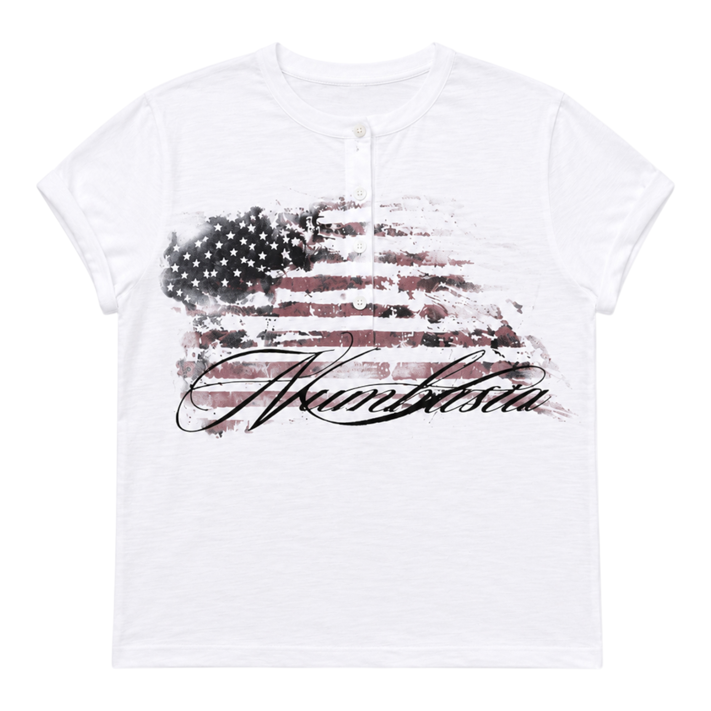 Distressed Flag Print Slub Henley T-Shirt by NUMBASIA, front view