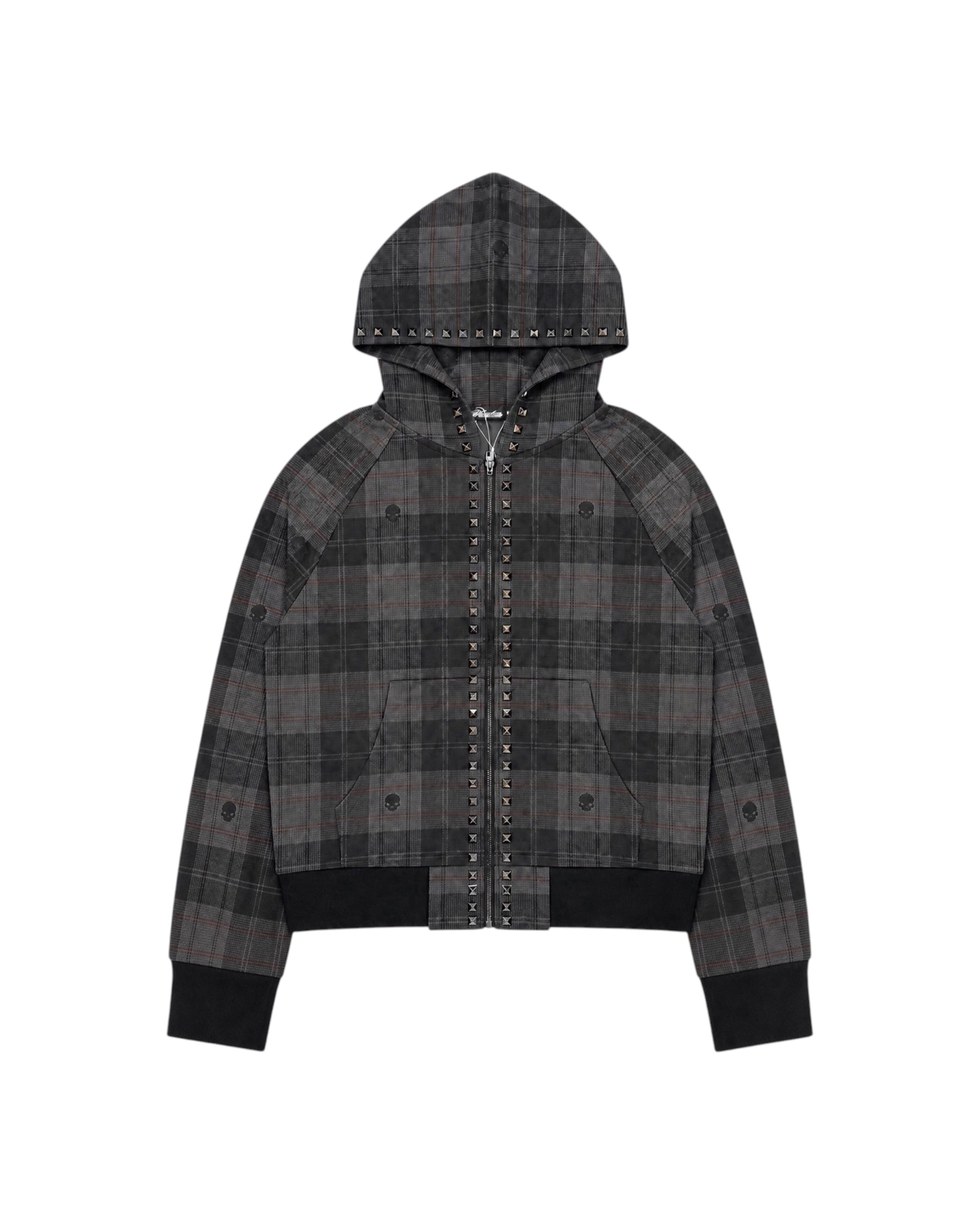 Skull Plaid Studded Raglan Zip Hoodie by NUMBASIA, product view