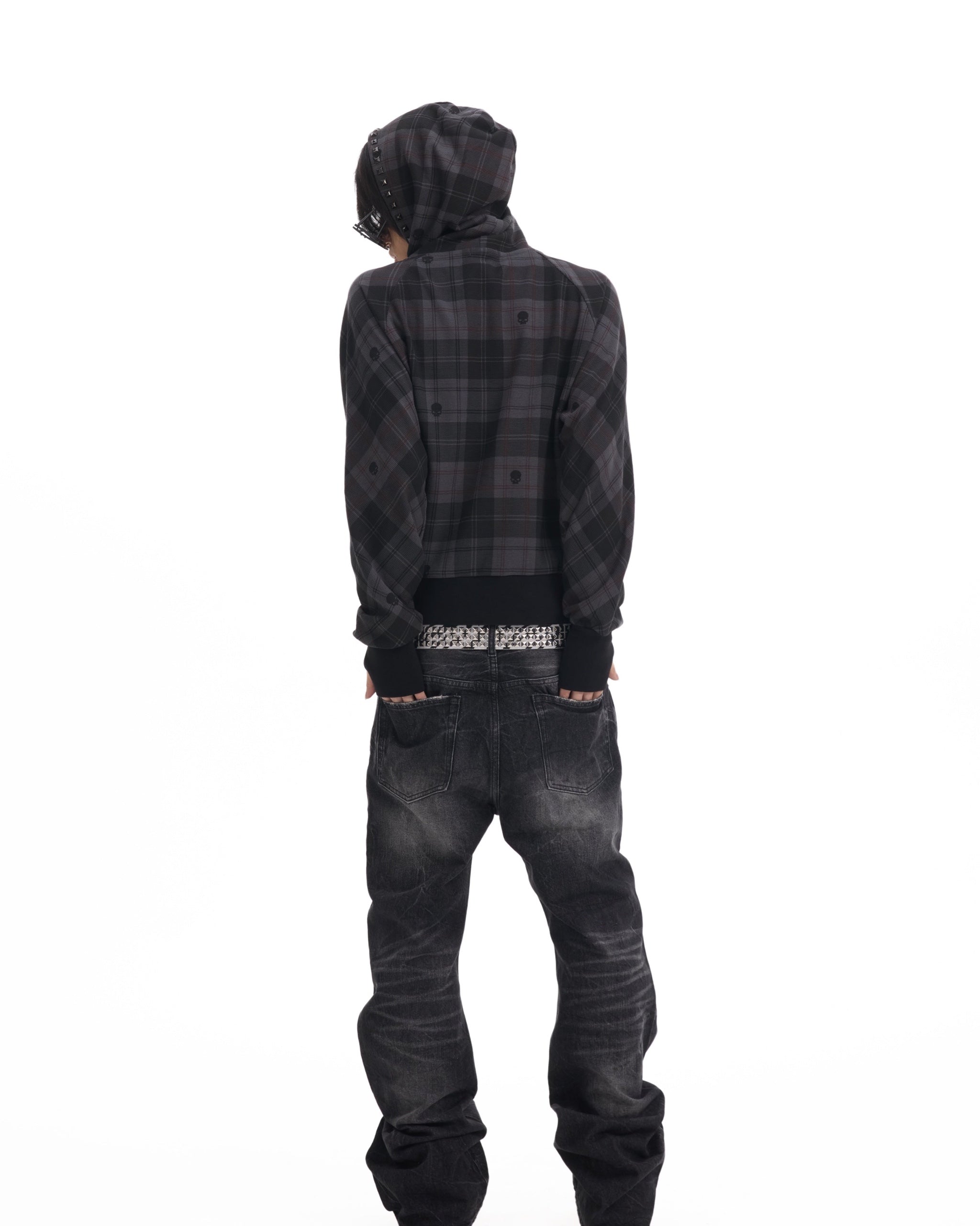 Skull Plaid Studded Raglan Zip Hoodie by NUMBASIA, on a model