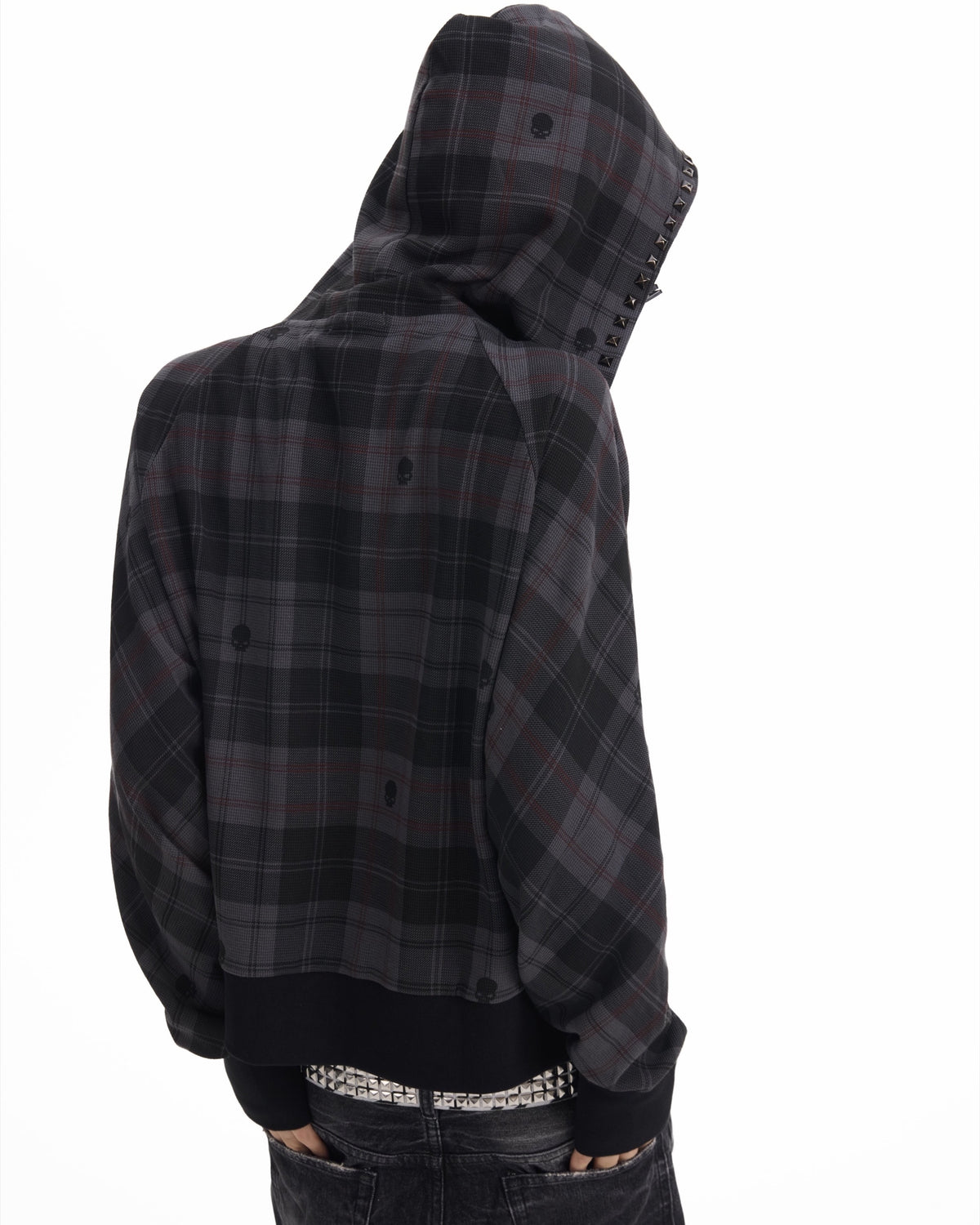 Skull Plaid Studded Raglan Zip Hoodie by NUMBASIA, on a model