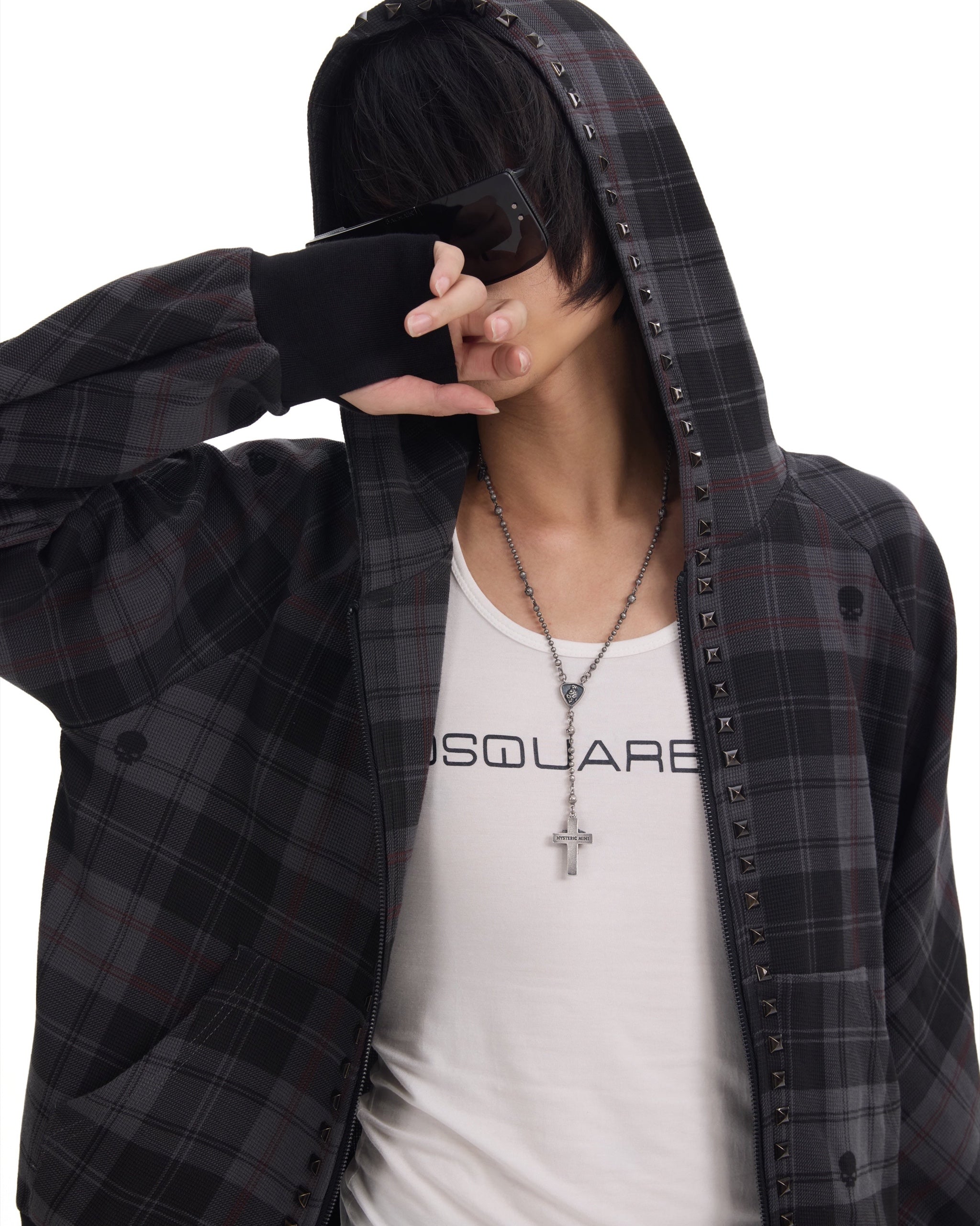 Skull Plaid Studded Raglan Zip Hoodie by NUMBASIA, on a model