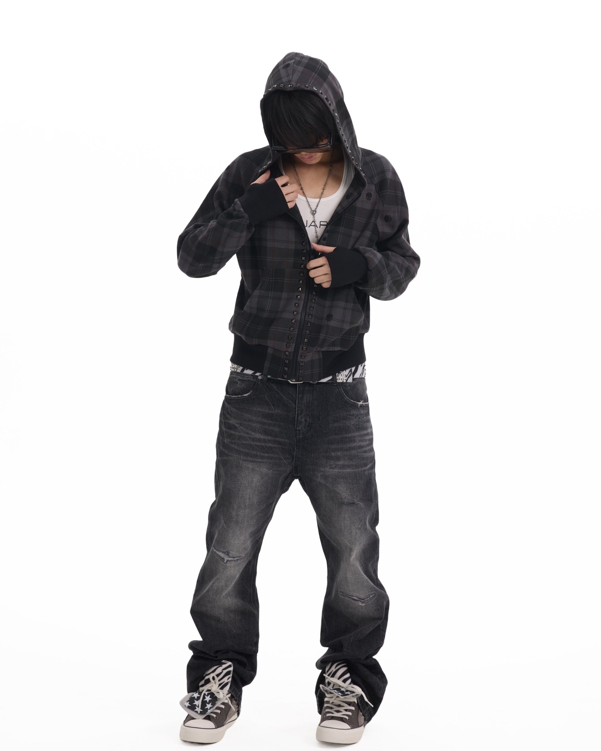 Skull Plaid Studded Raglan Zip Hoodie by NUMBASIA, on a model